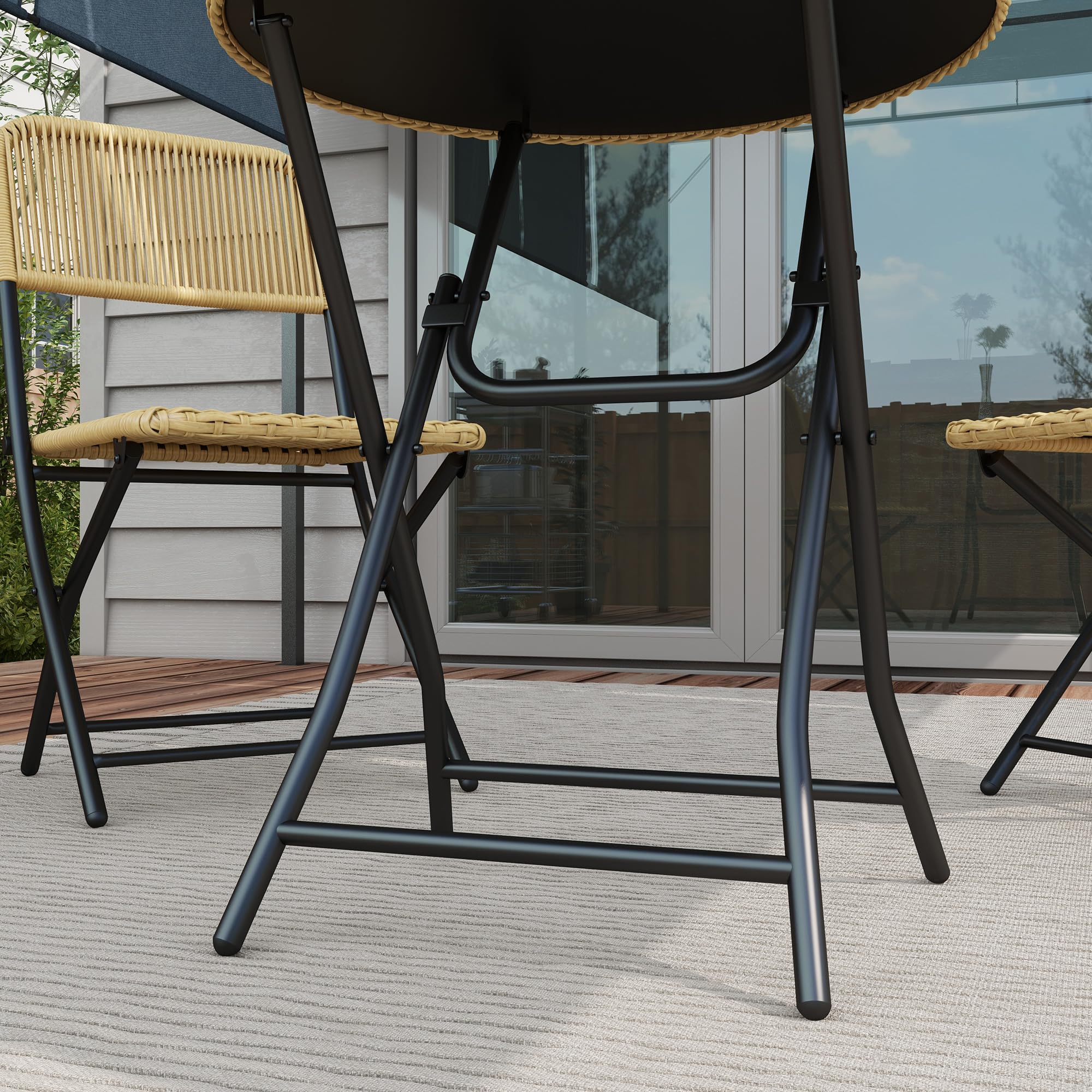 Outsunny Ensemble Salon de Jardin 2 Places Table Ronde avec 2 chaises Pliables en résine tressée et métal, Beige et Noir