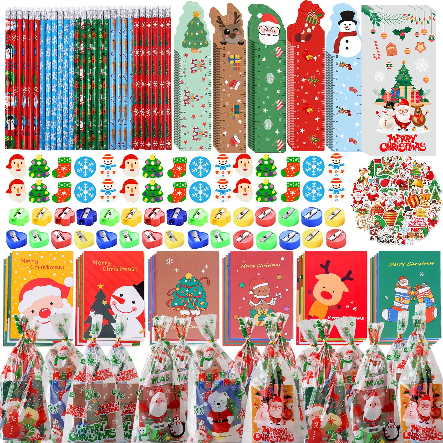 NAISEN 225PCS Christmas Party Favors for Kids 30 PACK Stationery Set, Assorted Christmas Goodie Bag Stuffers Stocking Stuffers, Gifts for Kids Pencils