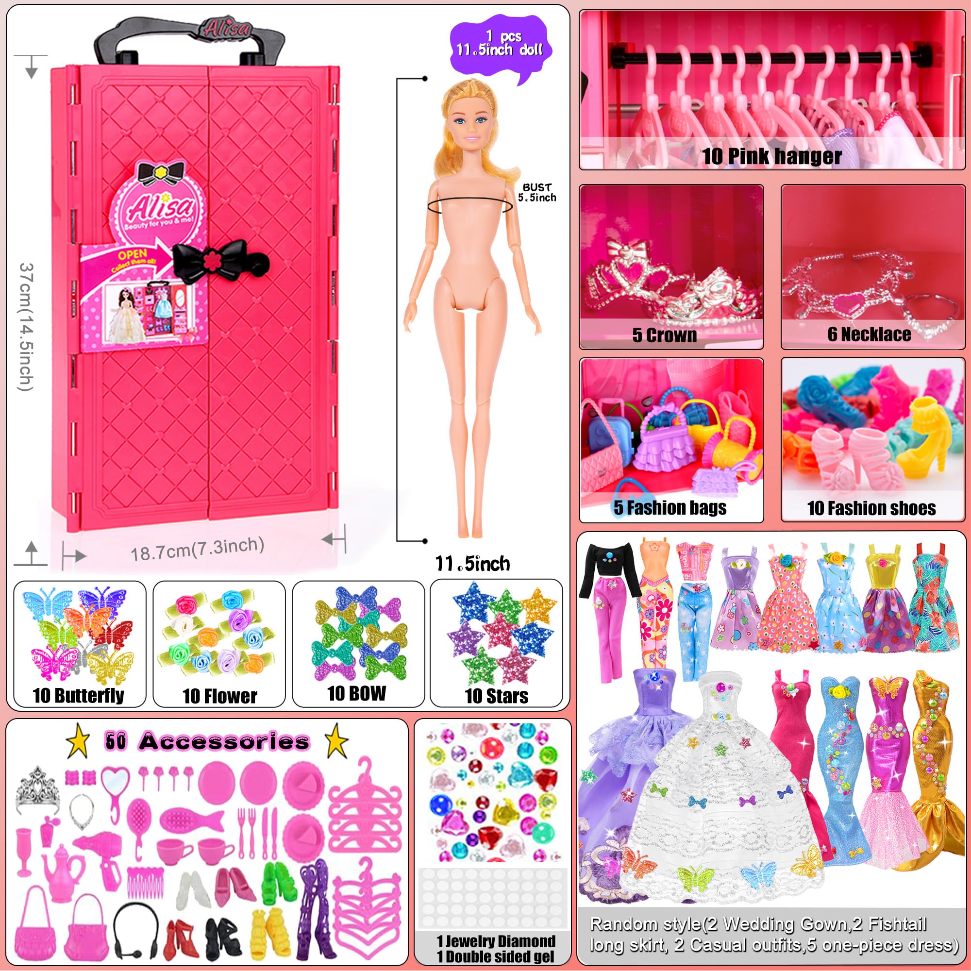 iBayda 139pcs 11.5-inch Fashion Doll and Wardrobe Playset: Wedding Dress, Outfits, Shoes, Bags, Necklace, DIY Stickers Accessories