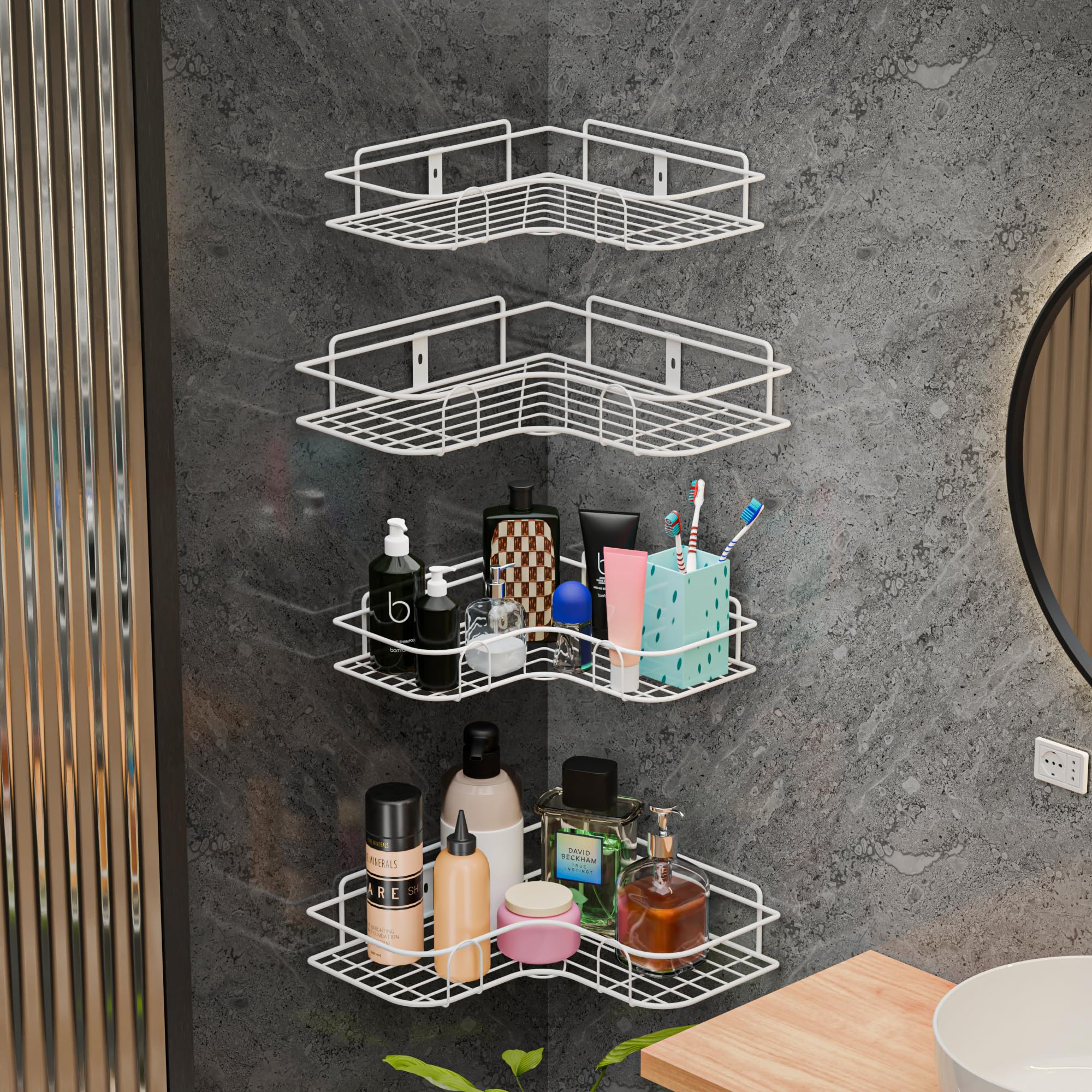 Kuber Industries 4 Pcs Metal Self Adhesive Bathroom Organiser with Drill Screws | Wall Adhesive Corner Shelves/Rack for Bathroom | White-picture-26