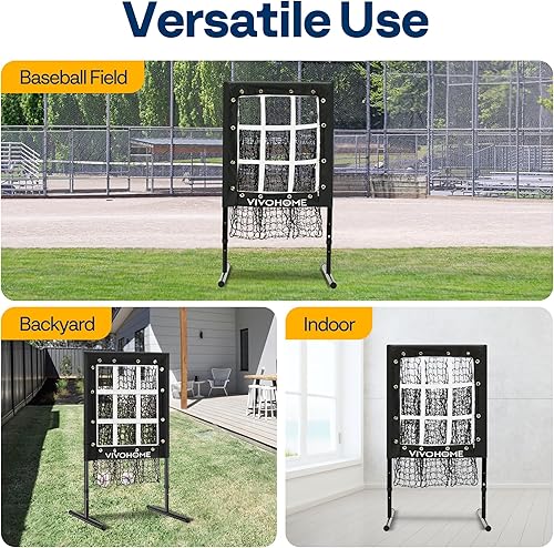 Miniatura 7 de VIVOHOME Red de lanzamiento de béisbol, red de 9 agujeros para sóftbol con zona de golpeo, red de béisbol y sóftbol ajustable para bateo,