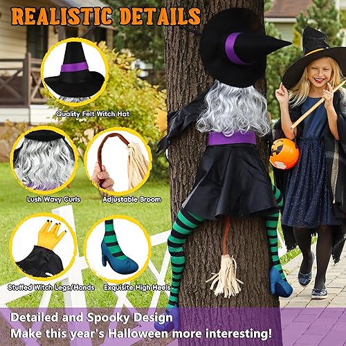 Miniatura 3 de POPGIFTU Decoración de Halloween de bruja estrellada de 63 pulgadas, bruja voladora en escoba en árbol al aire libre para porche, césped, jardín,