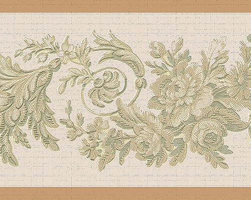 Dundee Deco DDAZBD9046 - Papel tapiz autoadhesivo para despegar y pegar, flores florales verdes, beige en borde de pared de vid, diseño retro, 15