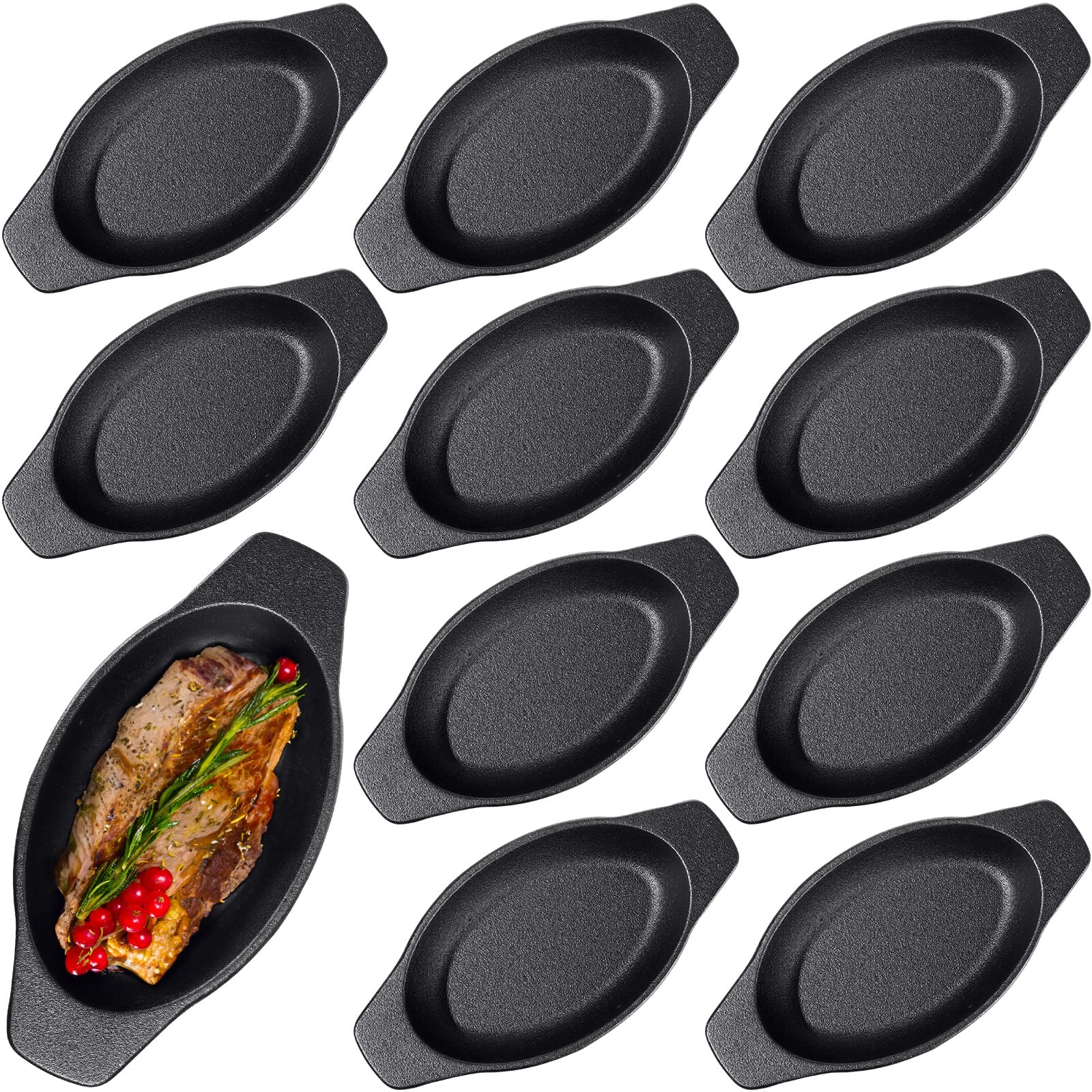 Tioncy 10 Pcs 4 x 6 Inch Small Cast Iron Skillet Mini Oval Fajita Serving Dish Pans Bulk with Handle Sizzling Steak Skillet Plate Frying Baking Roasting Cook Pan for Home Restaurant Kitchen Barbecue