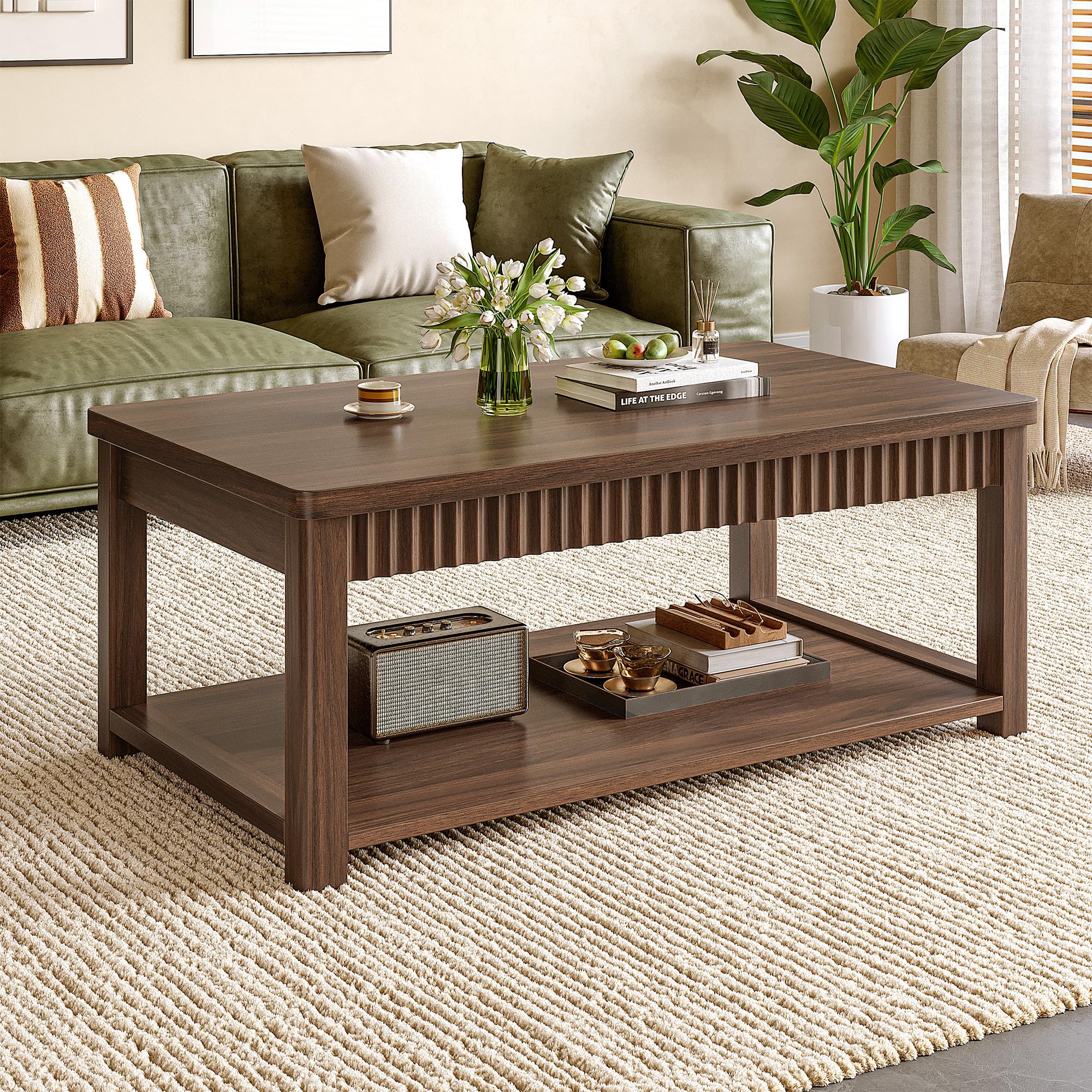 Coffee Table 39 Inch Modern Coffee Tables for Living Room with 2-Tier Storage Wave-Edge Walnut Center Table for