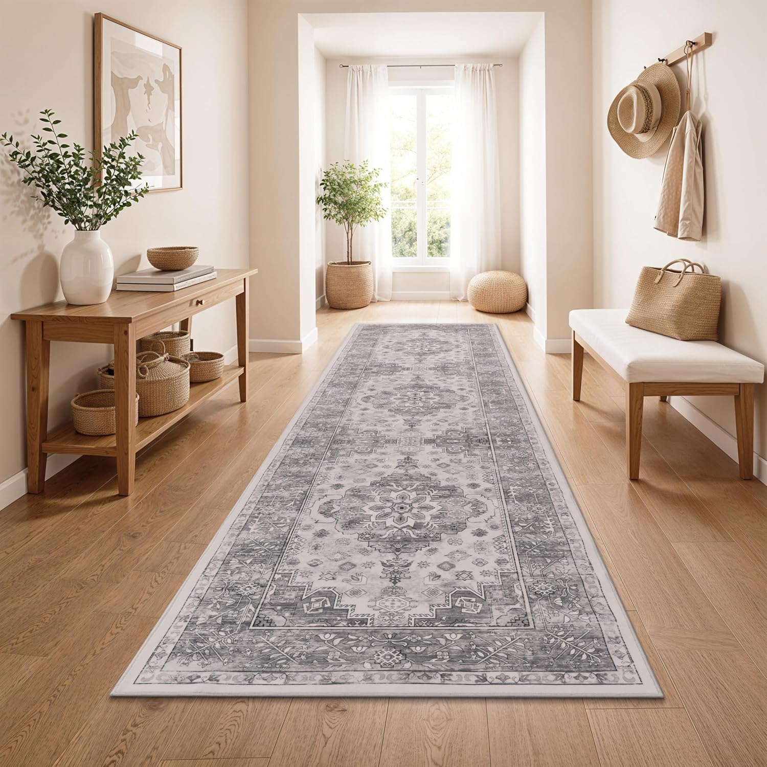 Paco Home Vintage Rug Runner Short Pile Boho Style Washable and Non-Slip Easy Care Modern Retro Design Colour Grey 2 Size 80 x 300 cm