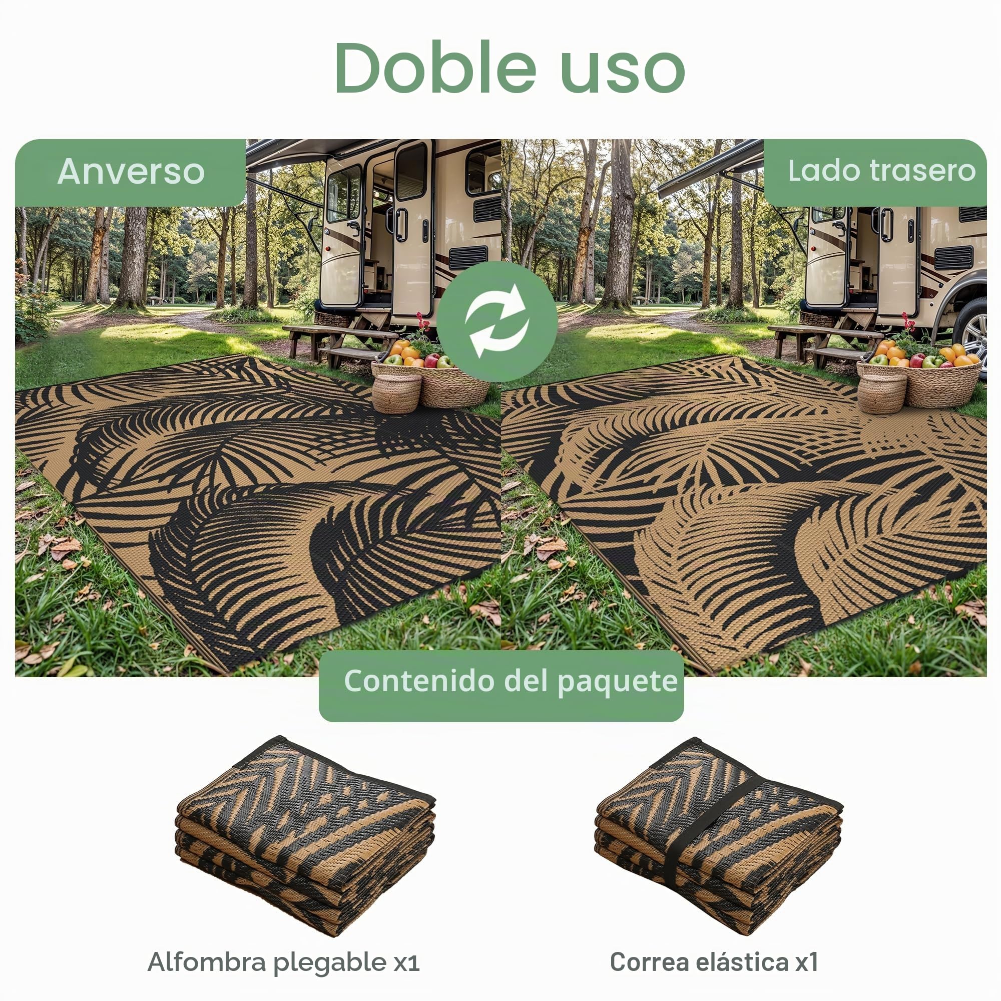GENIMO Alfombra Exterior Terraza,Impermeable Reversible Plástico, Alfombra Barbacoa Exterior para Jardín, Picnic, Balcón, Negro Marrón, 120 x 180 cm
