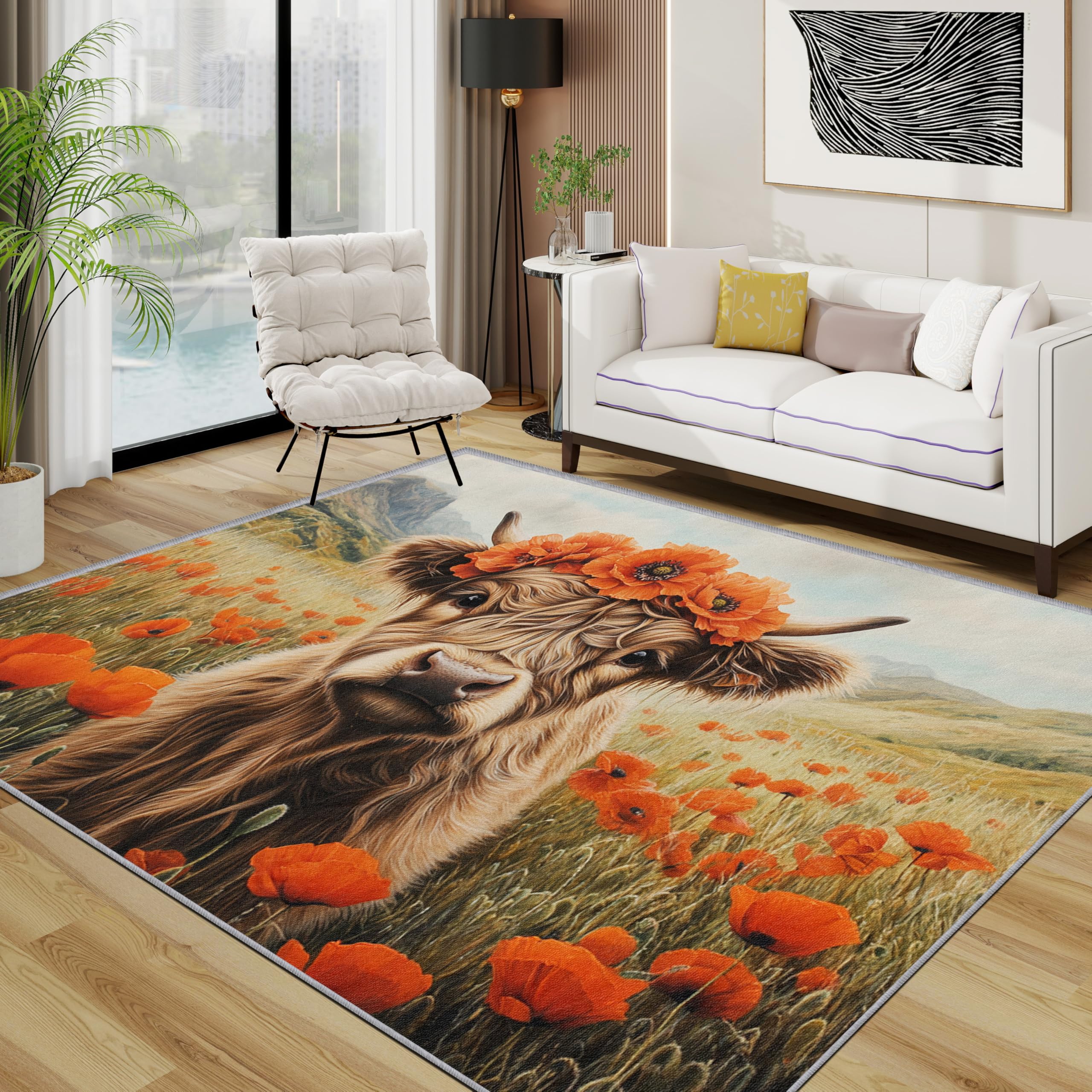 Highland Cow Rug - Cute Farm Animal Floral Small Rugs for Bedroom 60x90, Cattle Flower Farmhouse Floor Mat Soft Washable Non Slip Indoor Mats, Highland Cow Room Decor