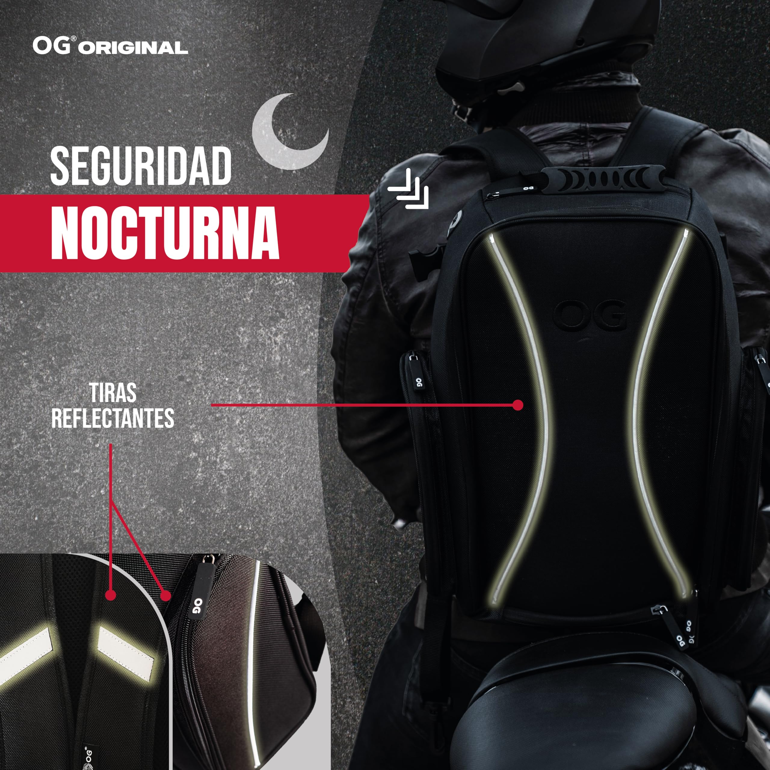 OG Original Mochila Moto GO Negra Impermeable 20L, Bolsa Porta-Cascos Motorista, Correa Casco, Ciclismo, Hombre, Portátil, Reflectante, Bolsillo Antirrobo