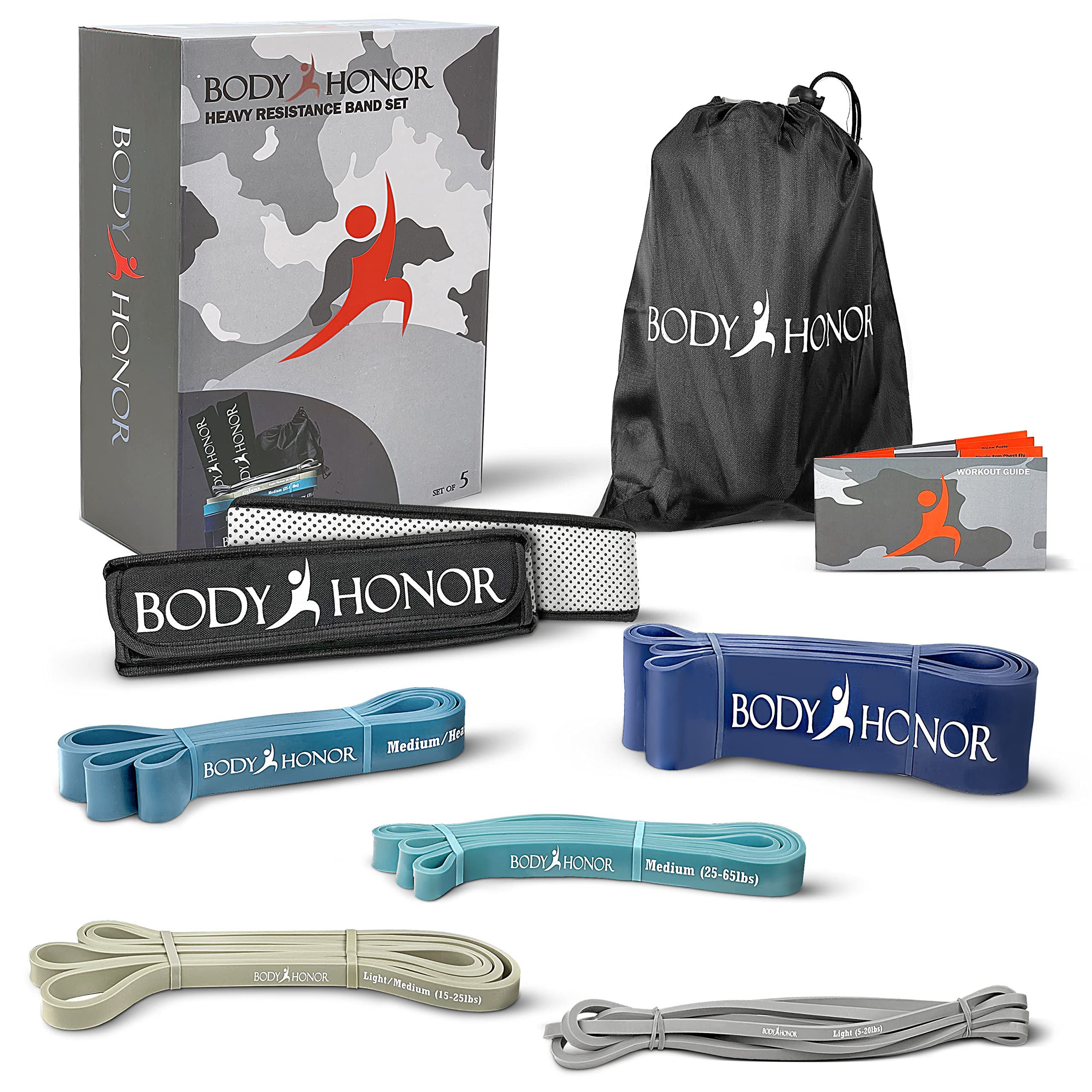 Body Honor Fasce Elastiche Di Resistenza Set 5 Livelli | Da 2,3 A 79,4 Kg | Per Fitness, Stretching E Fisioterapia | Con Borsa E Guida