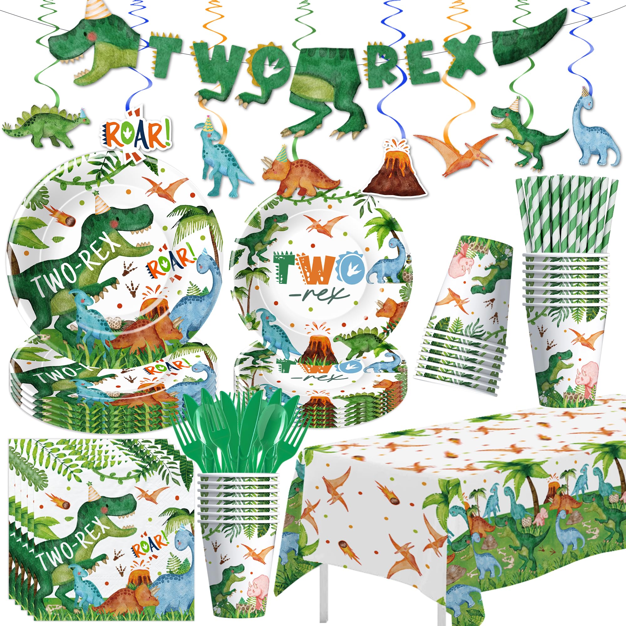 Srua Don Dinosaur 2nd Birthday Party Supplies For Boy, Dino Two Rex Birthday Decorations, Disposable Paper Plates, Cups, Napkins, Tablecloth, Cutlery,