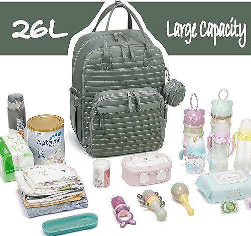 Miniatura 5 de Somago Mochila para pañales para bebé, mochila multifunción para viajes, bolsa de bebé con cambiador, correa para cochecito, Verde oscuro, Mochila