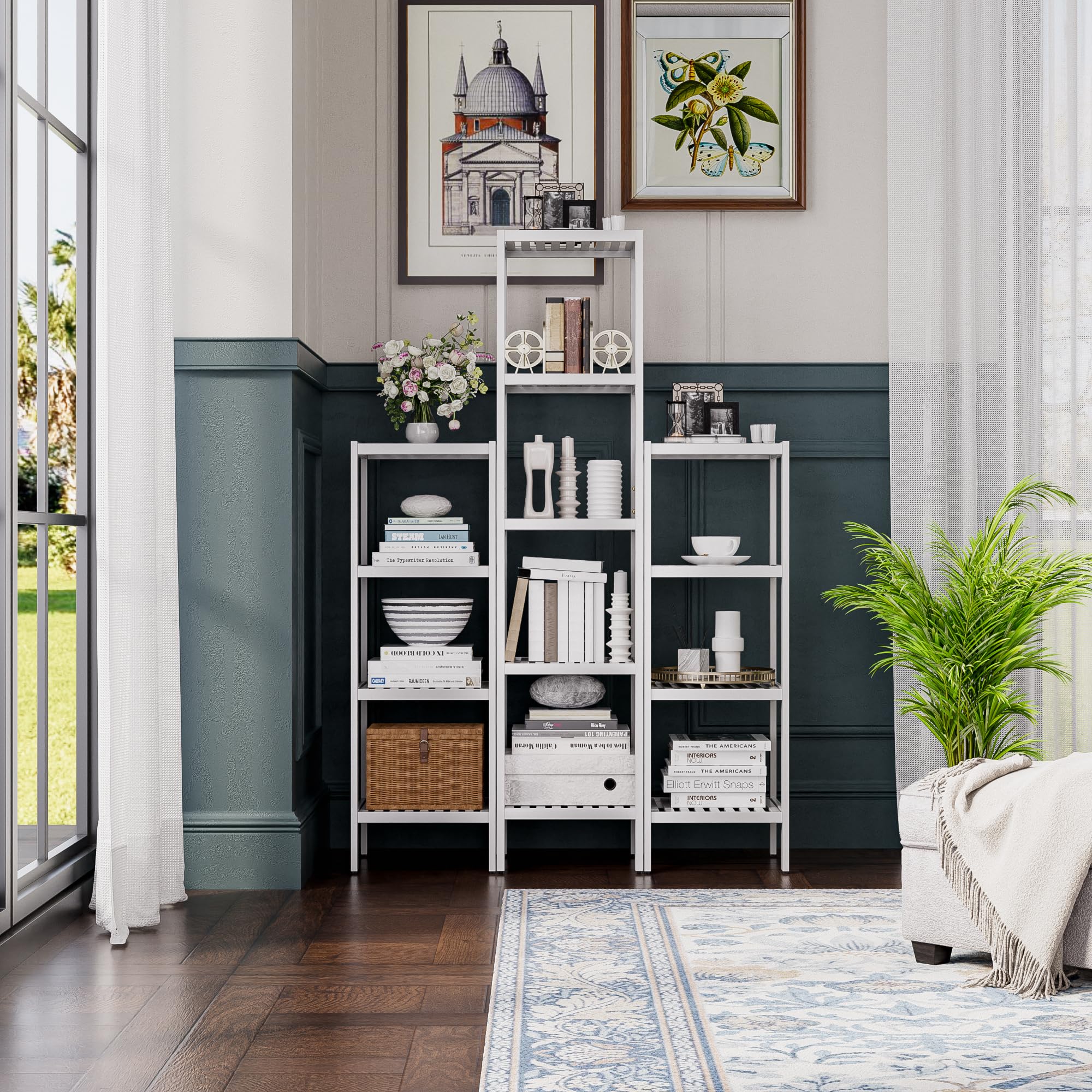 SMIBUY Scaffale per il bagno, organizzatore di scaffali in bambù a 5 livelli, scaffale multifunzionale per soggiorno, camera da letto, cucina (bianco)