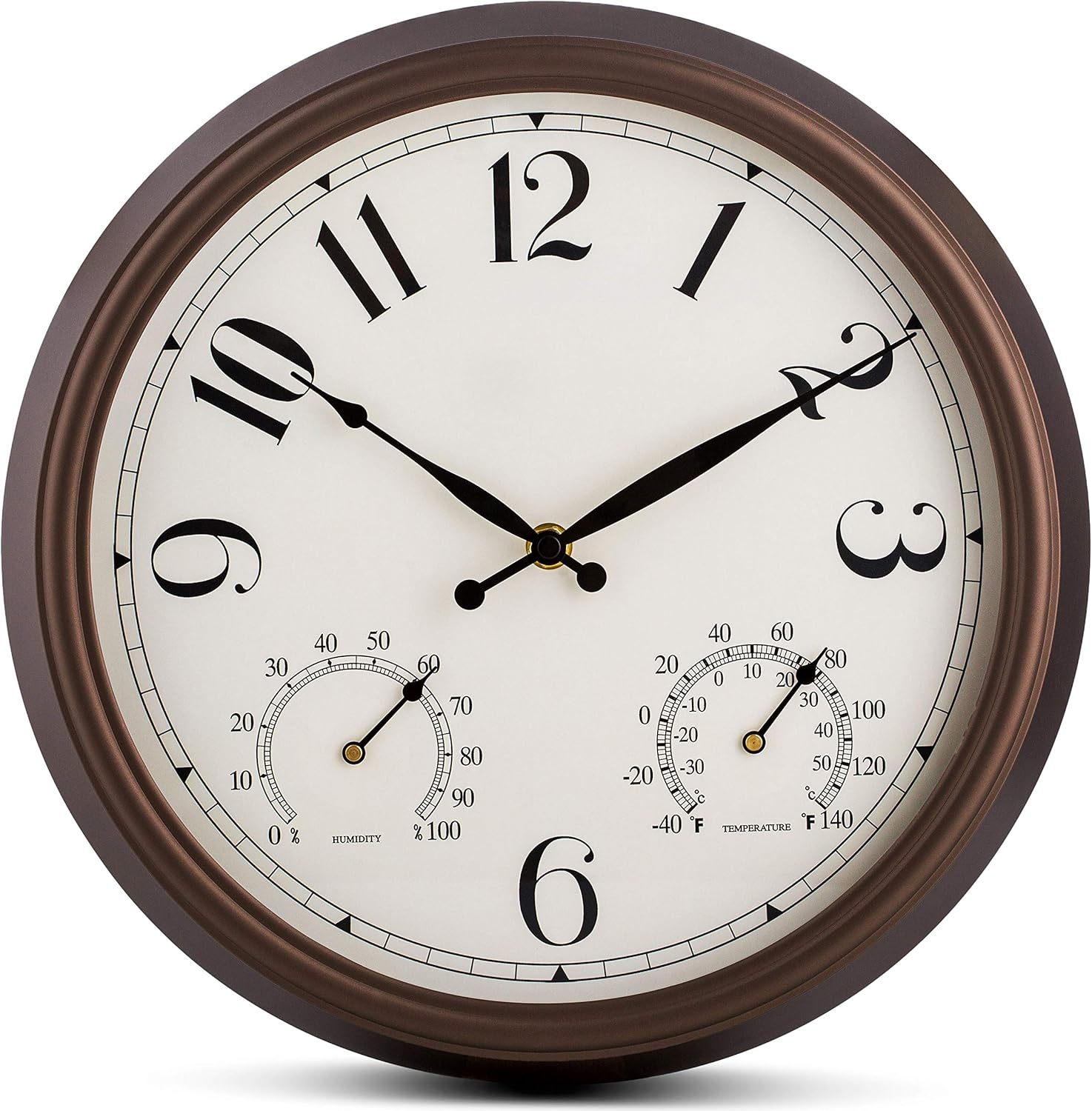 Bernhard Products Indoor/Outdoor Wall Clock Bronze 13 Inch Silent Non Ticking with Temperature & Humidity Gauge Weather Thermometer & Hygrometer Combo Battery Operated - Kitchen Living Room Patio
