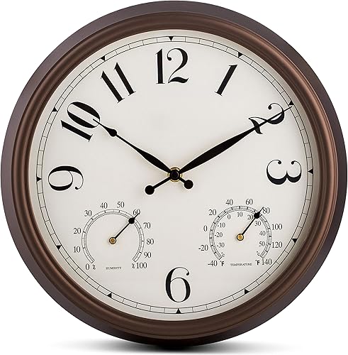 Bernhard Products Reloj de pared para interiores y exteriores, color bronce, 13 pulgadas, silencioso, sin tictac, con medidor de temperatura y