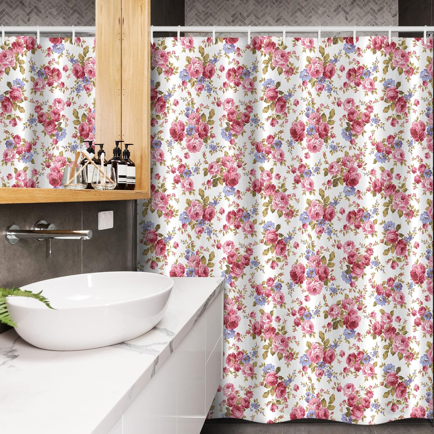 Ambesonne Flower Stall Shower Curtain, Rose Flower Pattern Passion Shabby Style Love Wedding Celebration Themed, Fabric Bathroom Decor Set with Hooks, 54" W x 78" L, Olive Green
