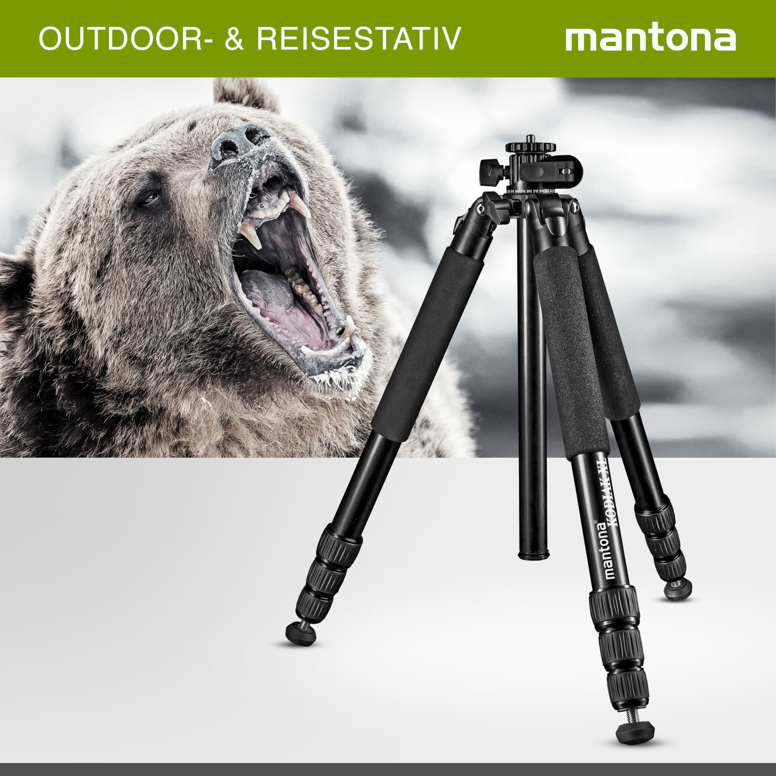 Mantona Kodiak XL - Treppiede per foto in alluminio, portata fino a 18 kg, regolabile in altezza fino a 180 cm, tripod con colonna centrale di 180°, treppiede stabile con accessori versatili