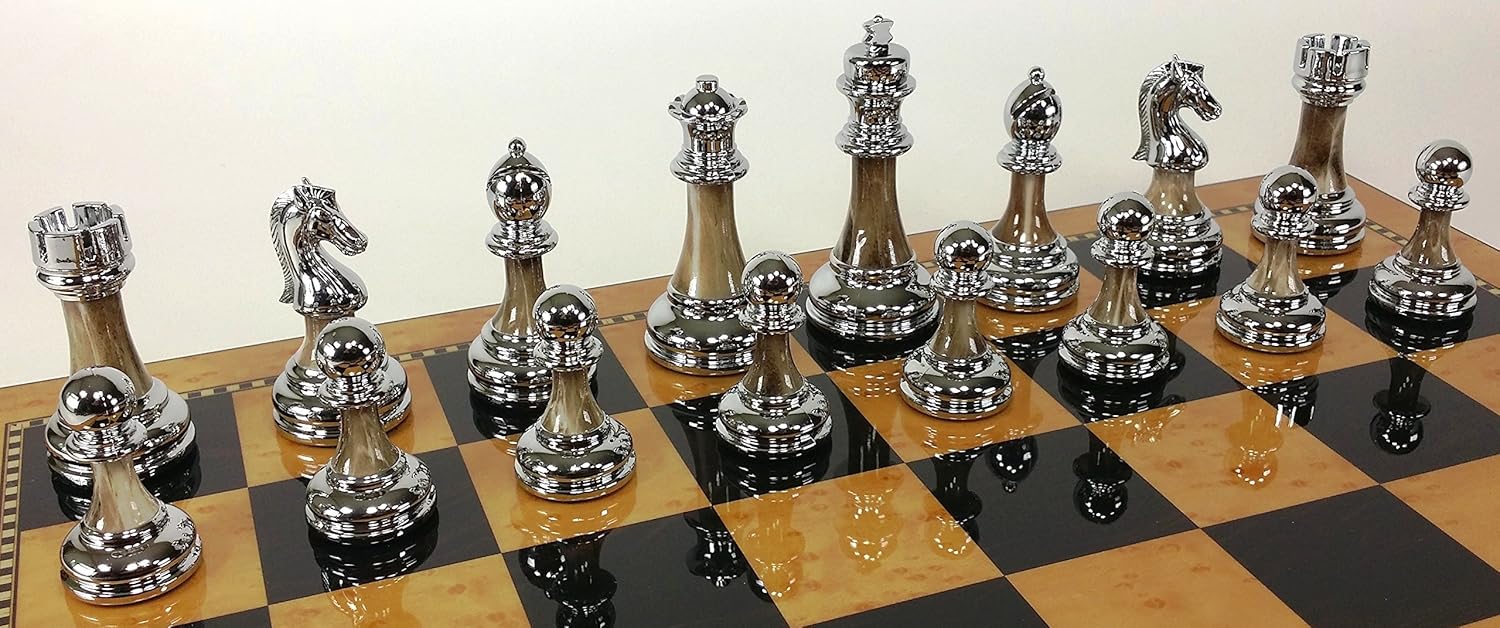 Staunton Chrome & Black Chrome Chess Men Set W 17" Gloss Walnut & Birdseye Maple Color Storage Board