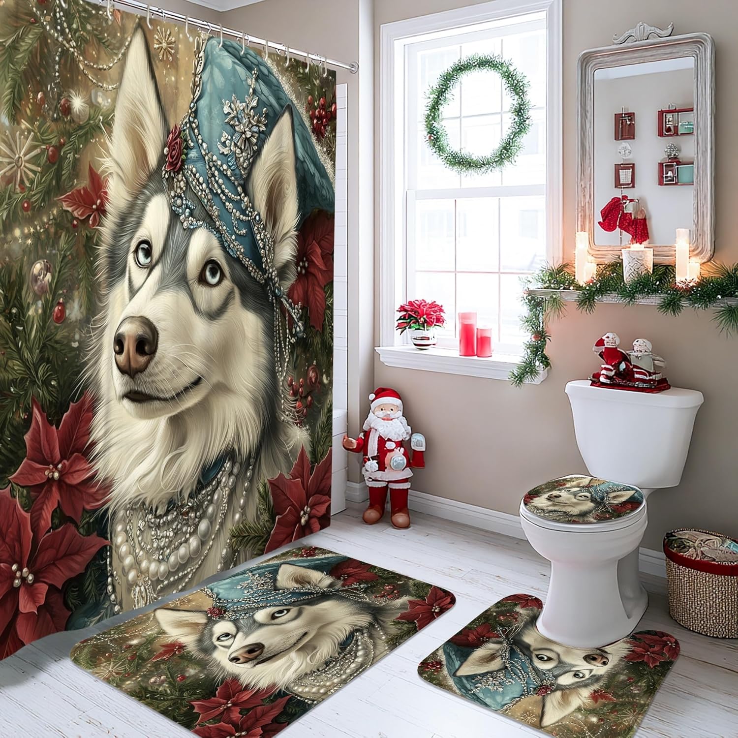 4PCS Vintage Christmas Husky Dog Bathroom Sets, Bath Accessory with Non-Slip Rug, U Shape Toilet Lid Cover Mat, Retro Xmas Puppy Bathroom Decor-72''x72''
