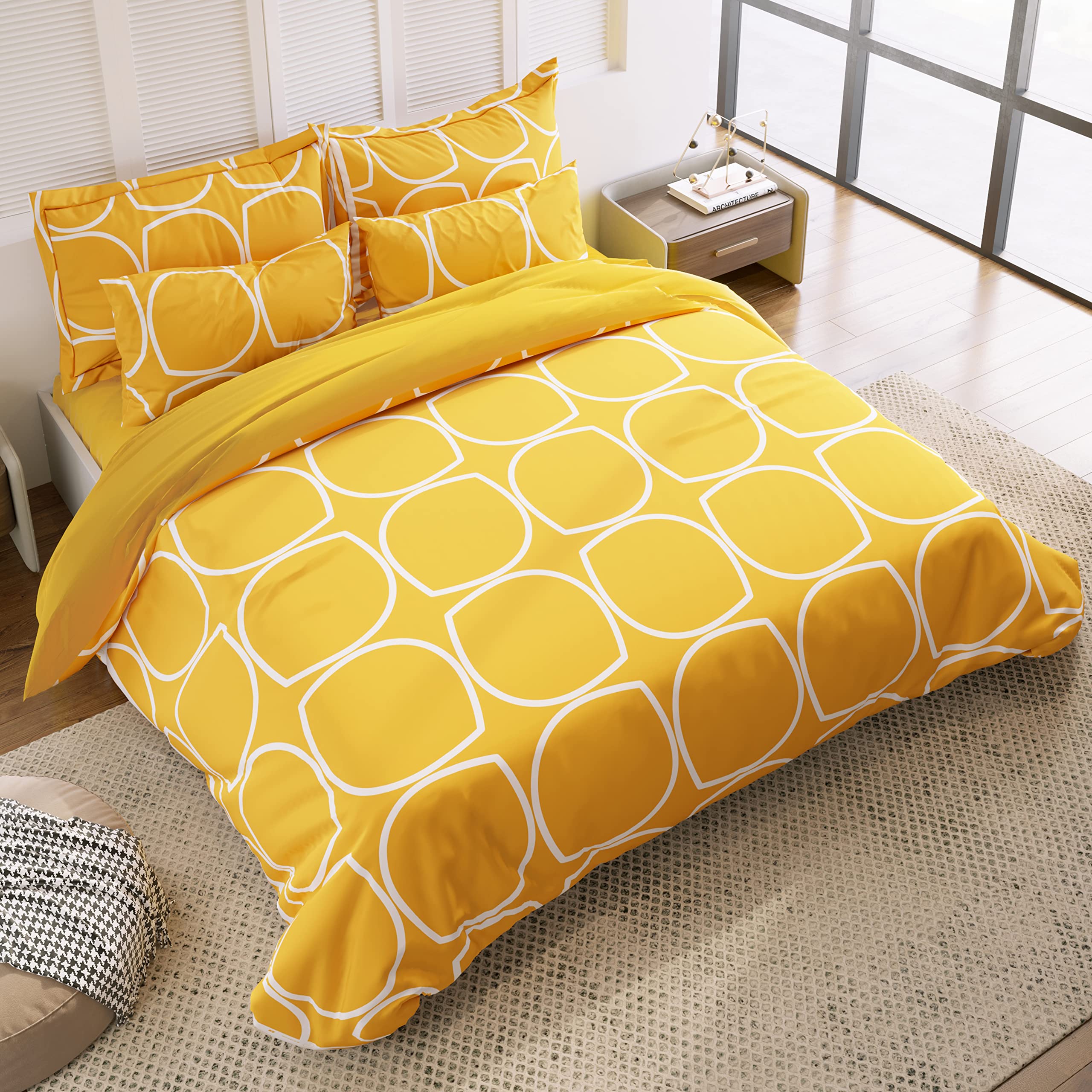 THE HOME STYLE 400 TC Supersoft Cotton Feel Glace Cotton Elastic Fitted Printed Queen Size Double Bed Bedsheet wih 2 Pillow Cover (60"x78", Cadet Yellow)