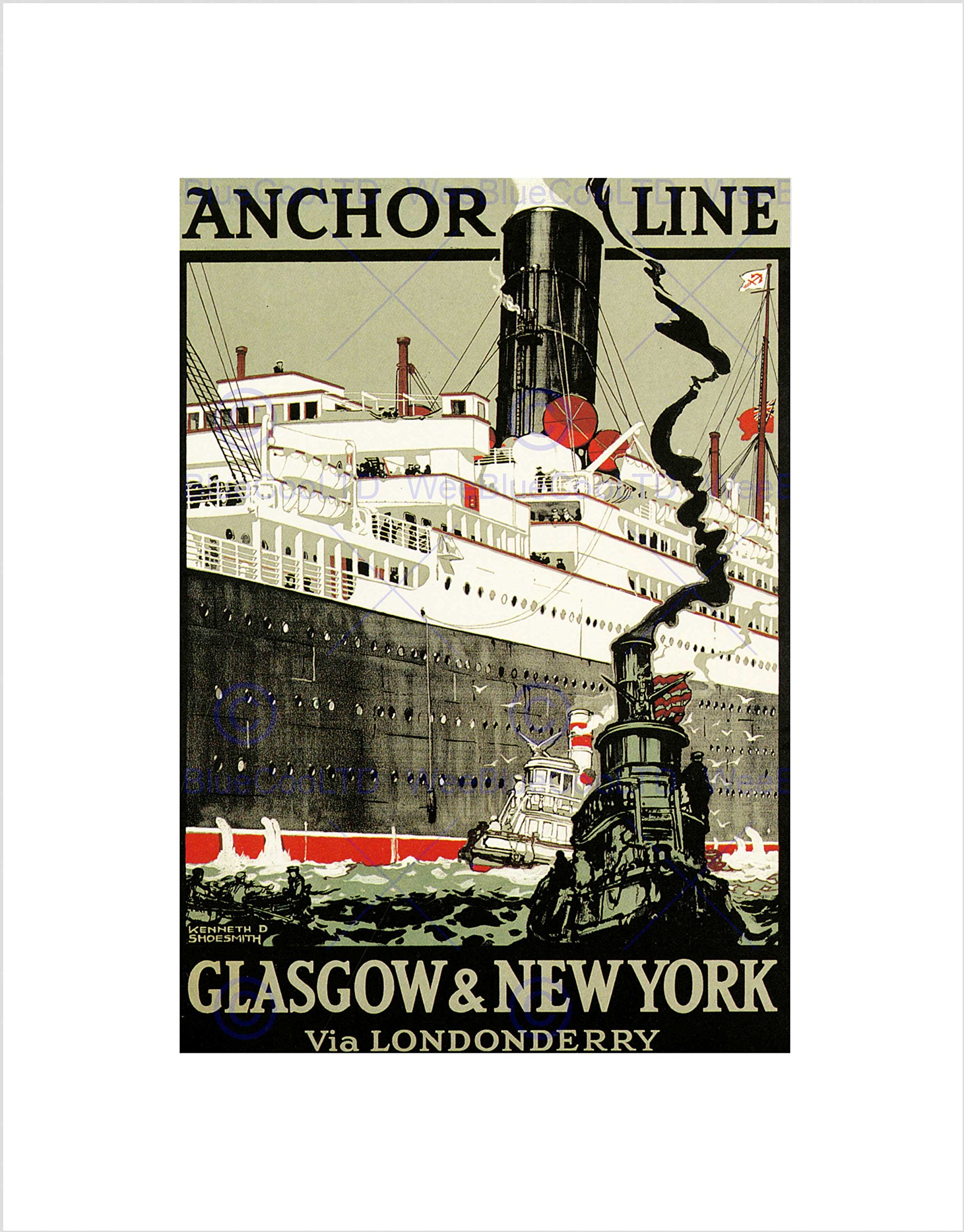 Wee Blue Coo Travel Glasgow New York Ship Liner Anchor Tug UK Wall Art Print