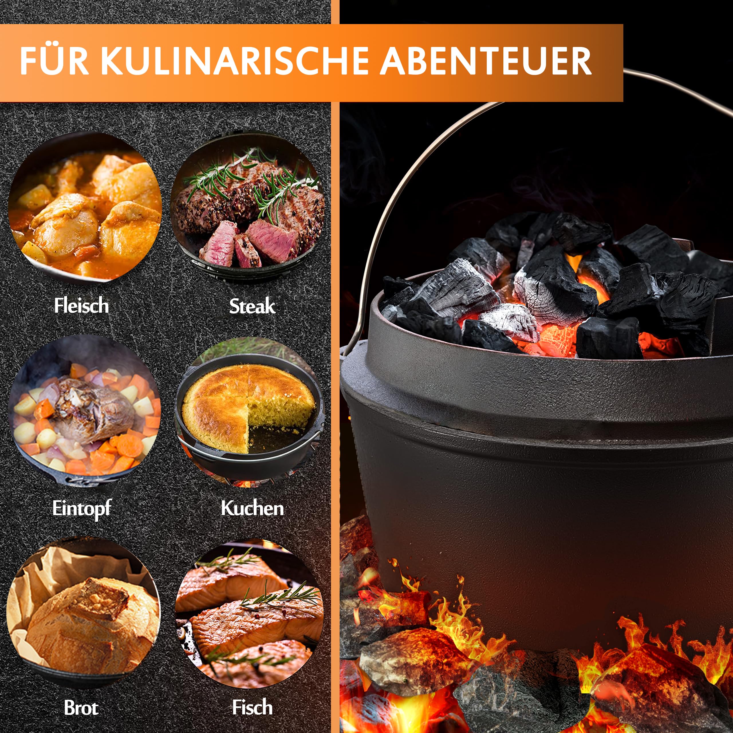 Dutch Oven, Dutch Oven Set 9 liter, Eingebrannter Feuertopf mit Deckelheber, 2in1 Gusseisen Topf mit Doppelfunktions-Deckel, Für Outdoor and Indoor, Schwarz