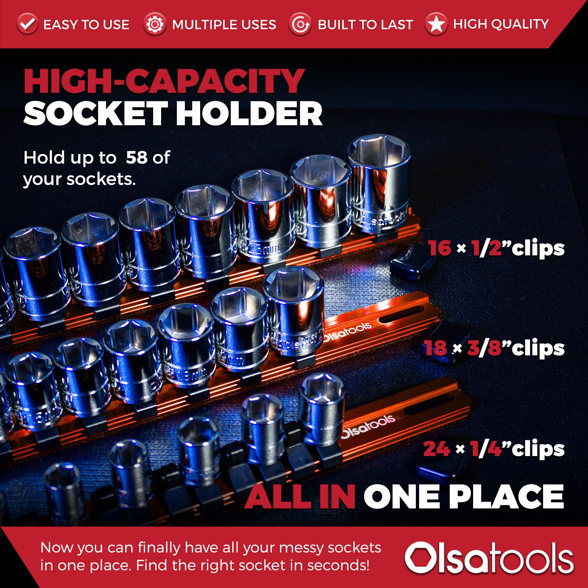 Olsa Tools Aluminiowy organizer na gniazda z napędem 1/2 cala, 3/8 cala i 1/10.2 cm, profesjonalnej jakości uchwyt na gniazdo (pomarańczowy)