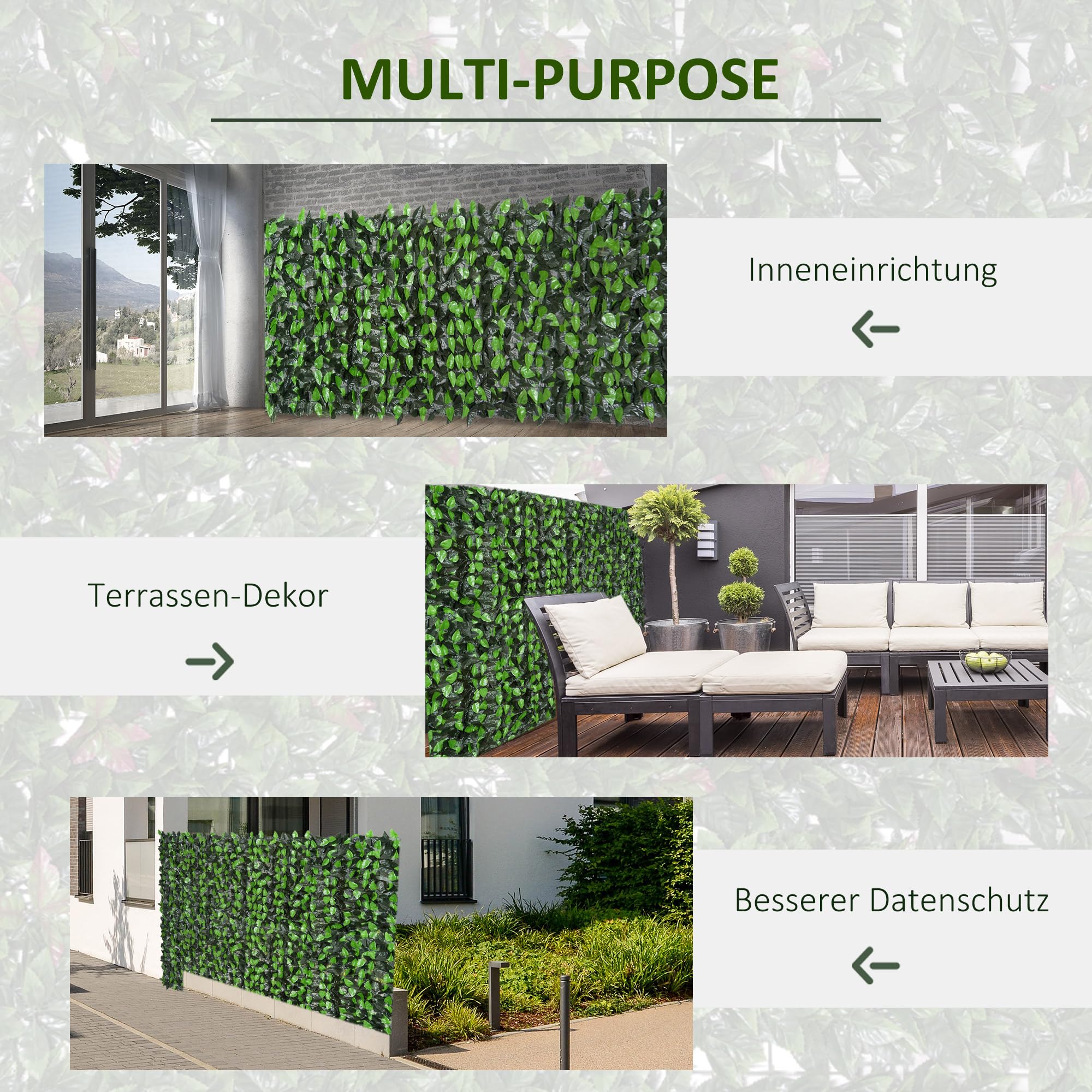 Outsunny Künstlicher Hecken Sichtschutz UV Geschützt 300 x 100 cm Grün | Balkon Sichtschutze, Zaun Sichtschutzgitter Mit Blättern, Hecken Zaun, WandKünstliche, für Garten Hochzeit