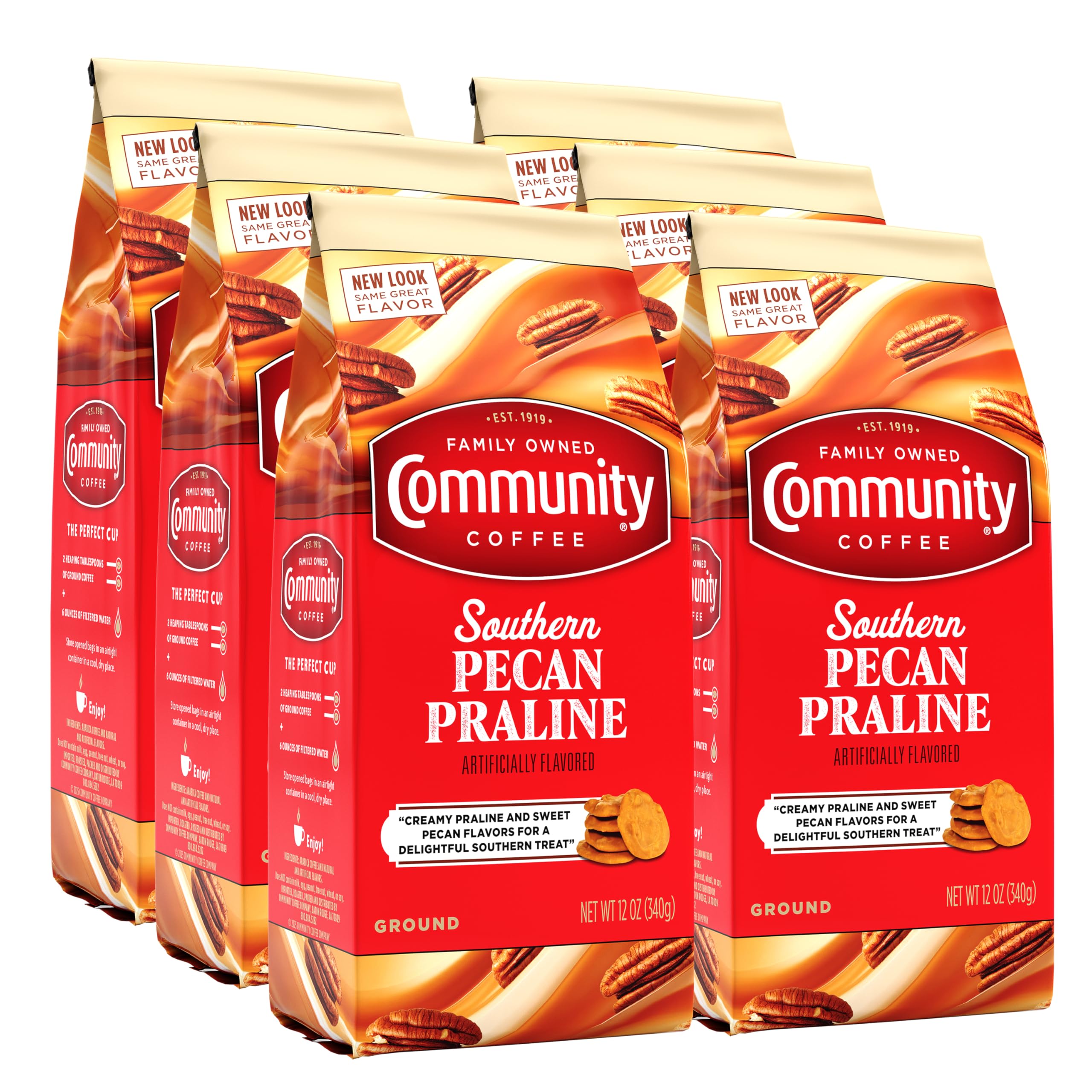 Community Coffee Southern Pecan Praline Flavored 72 Ounces, Medium Roast Ground Coffee, 12 Ounce Bag (Pack of 6)