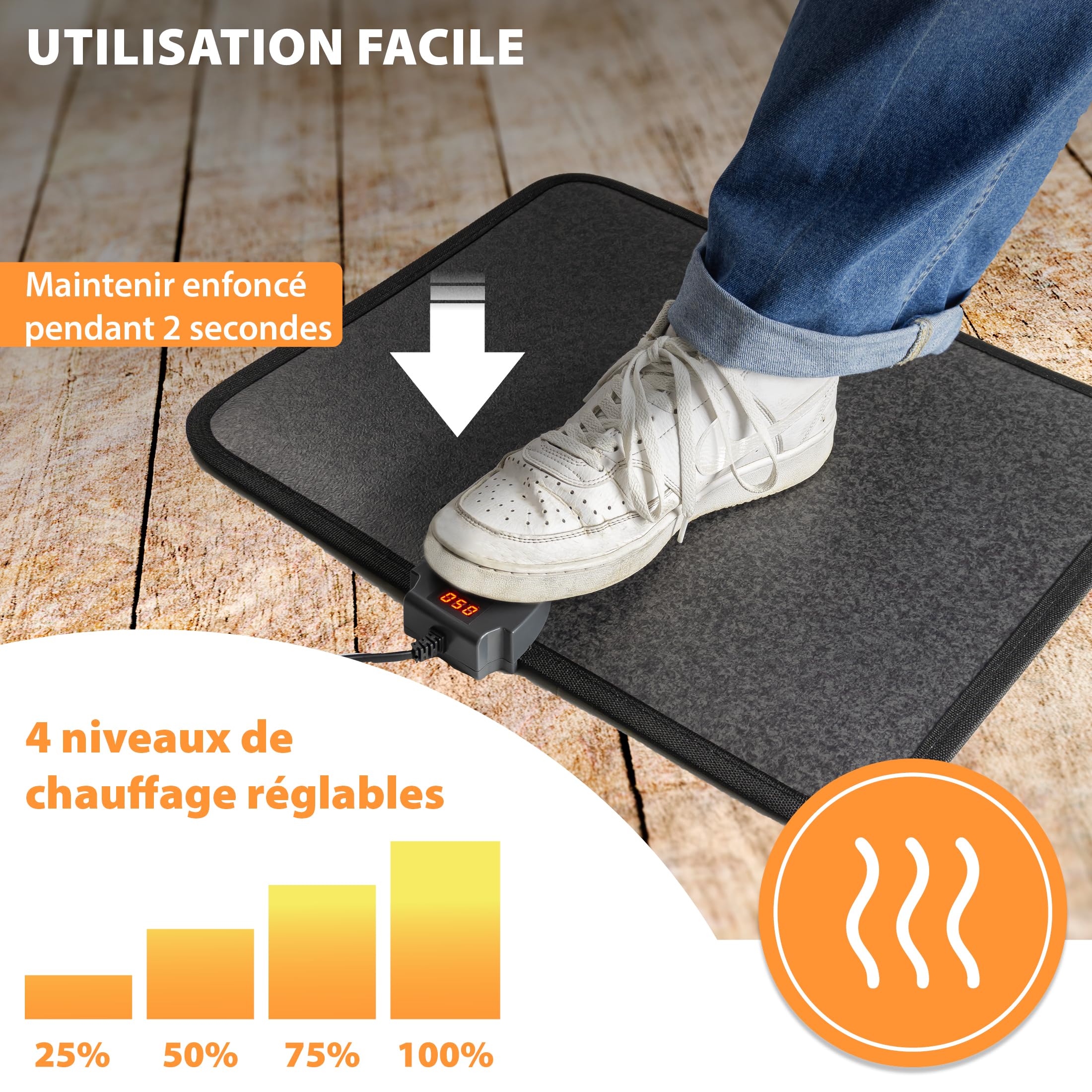Mi-Heat Tapis Chauffant Électrique PVC 40x50 cm – Chauffe-Pieds avec Interrupteur à Pied & Minuterie – Tapis de Sol Imperméable pour Bureau et Chat, Facile à Nettoyer (max. 45°C)