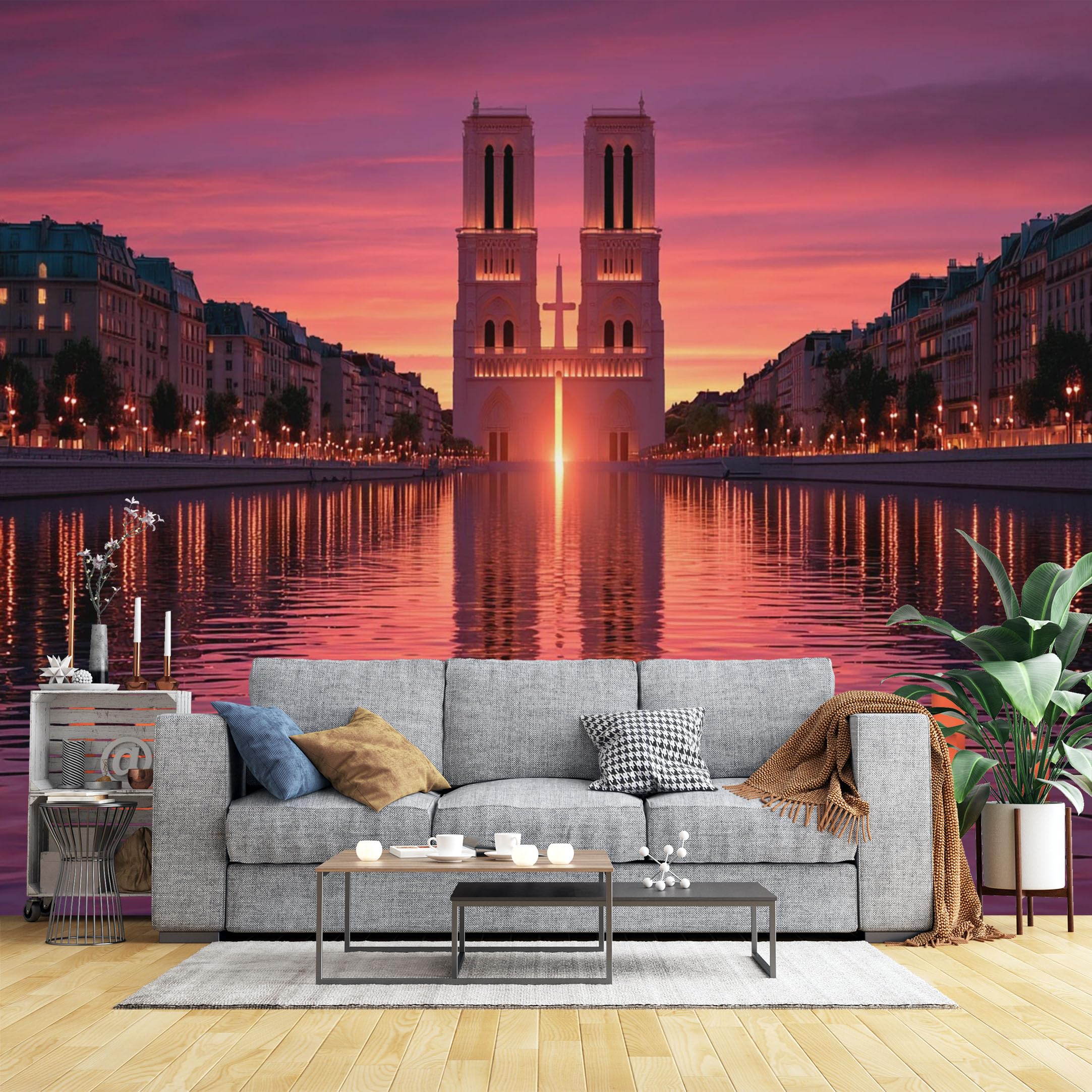 Custom Size Wall Murals Notre Dame at Sunset Wall Murals Paris Landmark Wallpaper, Realistic Self-Adhesive Removable Wallpaper for Living Room