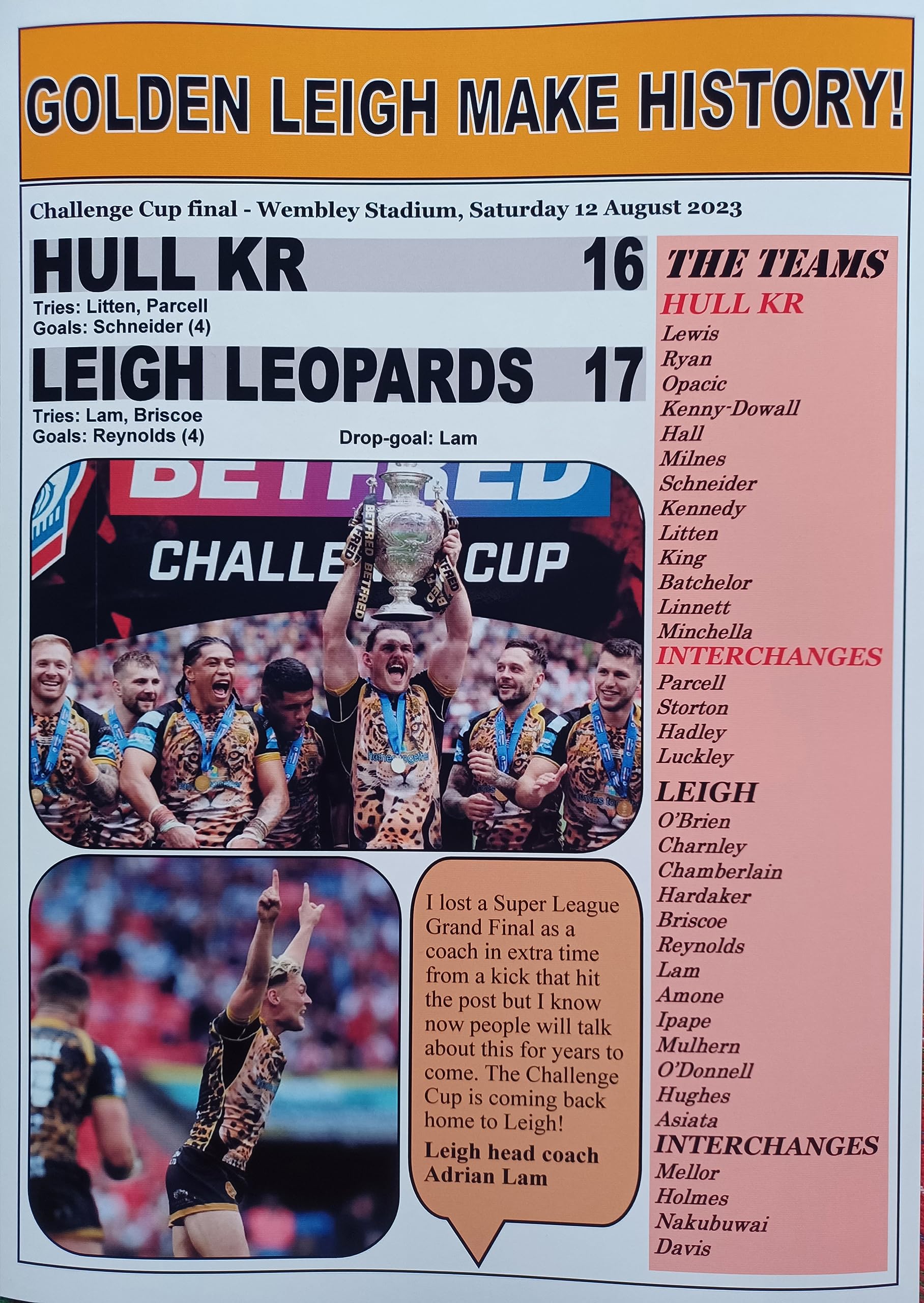 Multicoloured Hull Kr 16 Leigh Leopards 17-2023 Challenge Cup Final - Souvenir Print