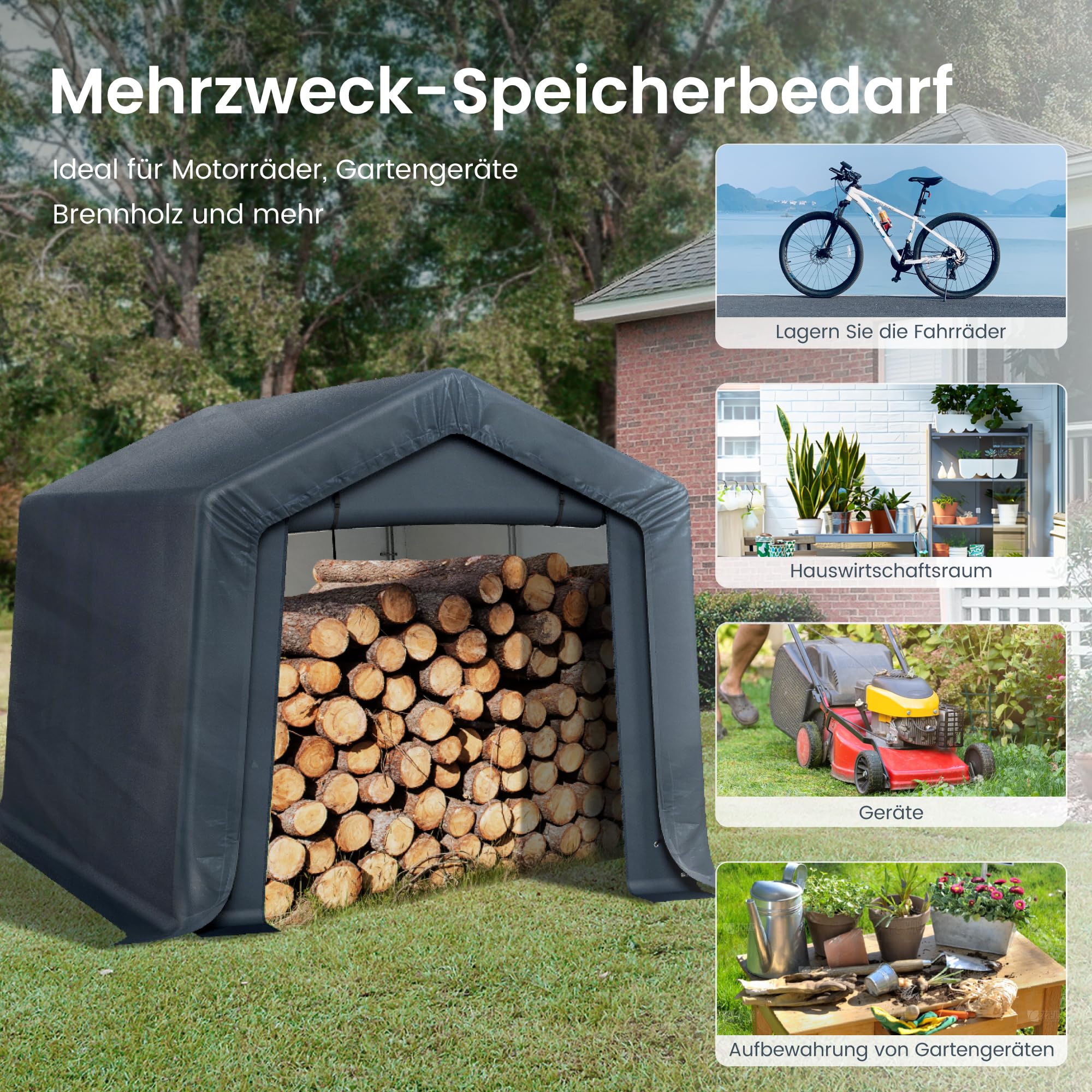 PHI VILLA Geräteschuppen Gartenhütte 240x370x220cm Grau Wetterschutz Shelter 2 Türen