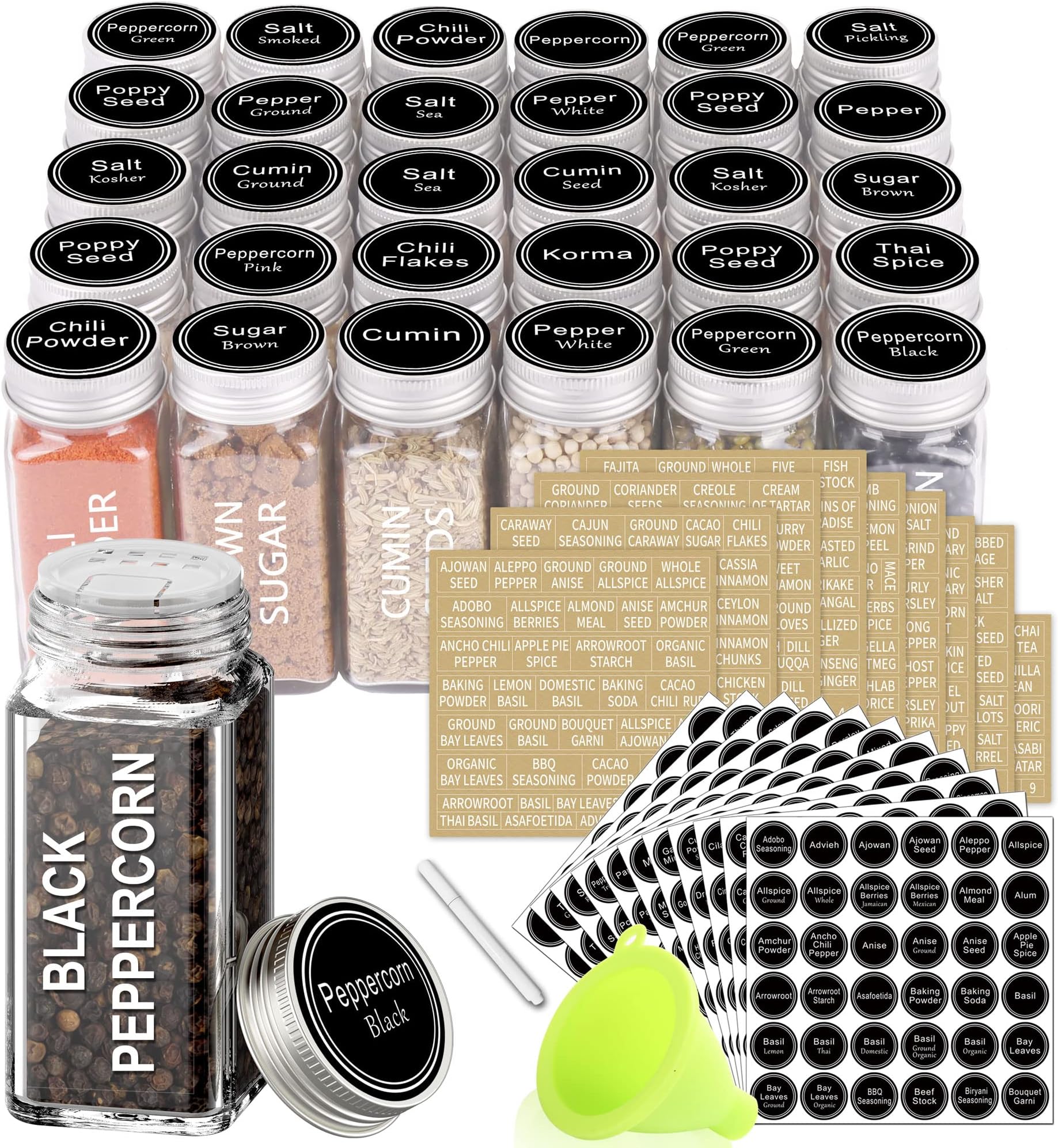 SWOMMOLY 30 Glass Spice Jars with 713 Spice Labels