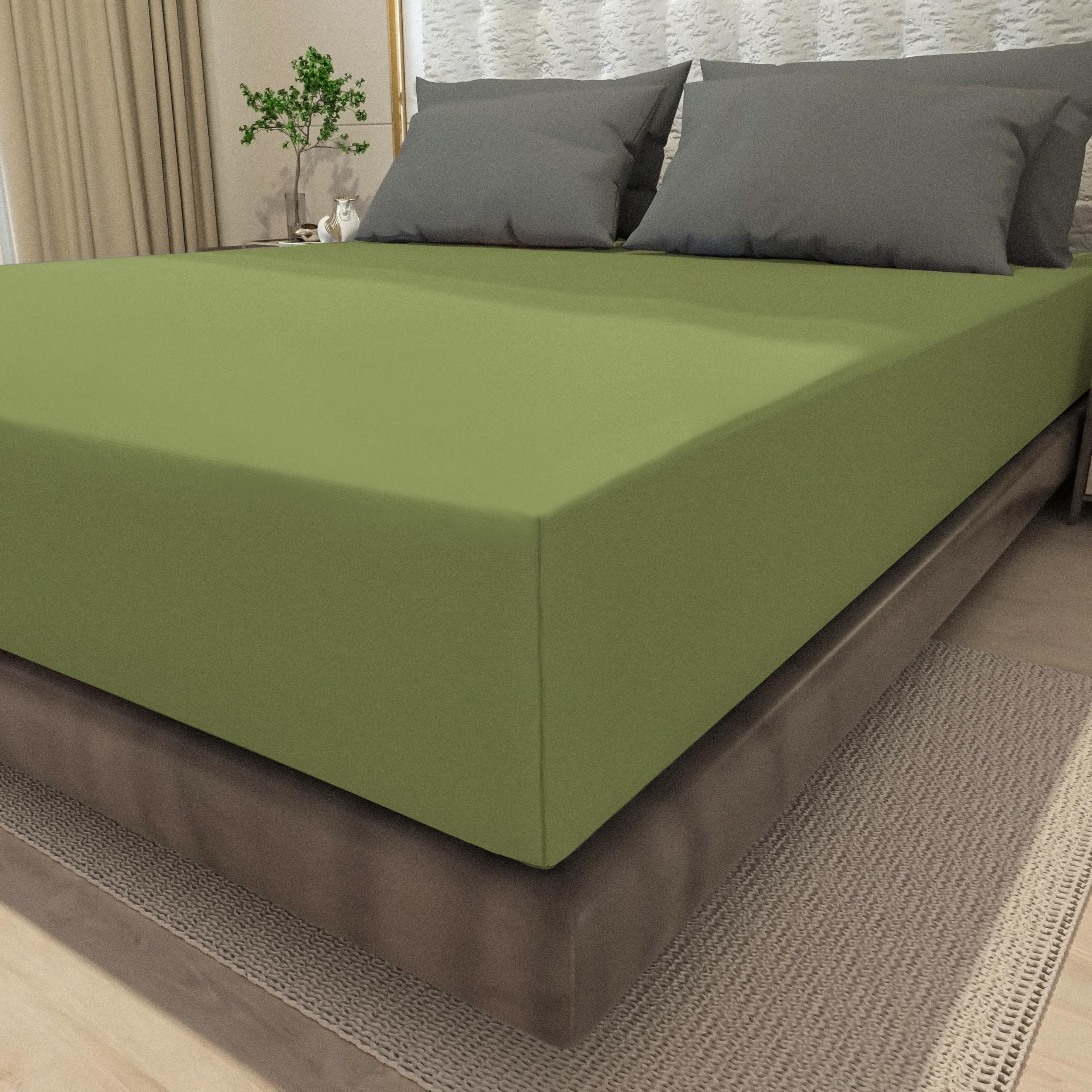 wyewye Double Fitted Sheet, Light Green, 135x190 cm with 40 cm Super Deep Pocket, Microfiber Fabric Bed Fitted Sheets - Image 2