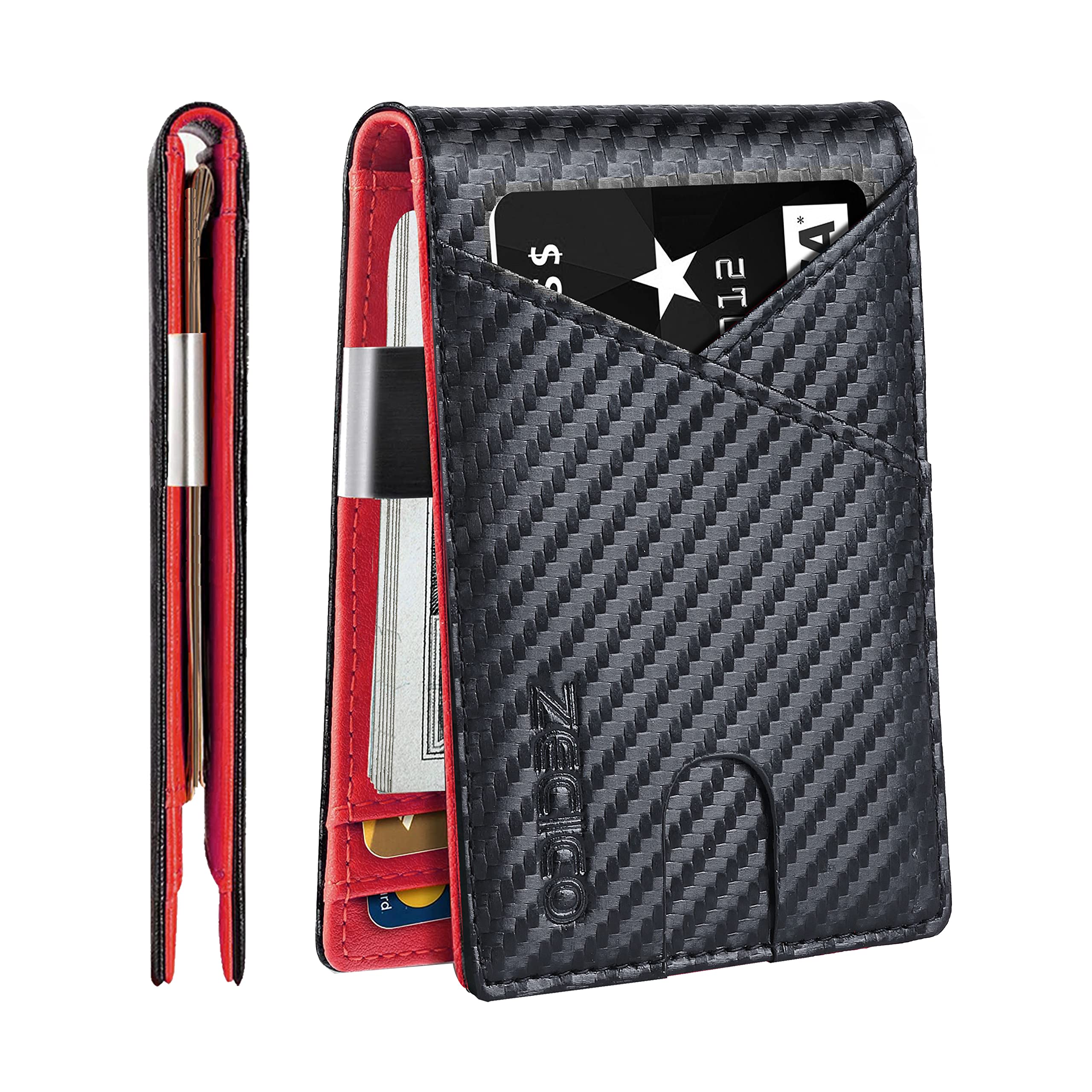 ZECICOMens Slim Wallet Money Clip: Bifold Leanther Wallets RFID Blocking Front Pocket Wallets Credit Card Holder with ID Window Gifts for Men (Carbon Black&Red)