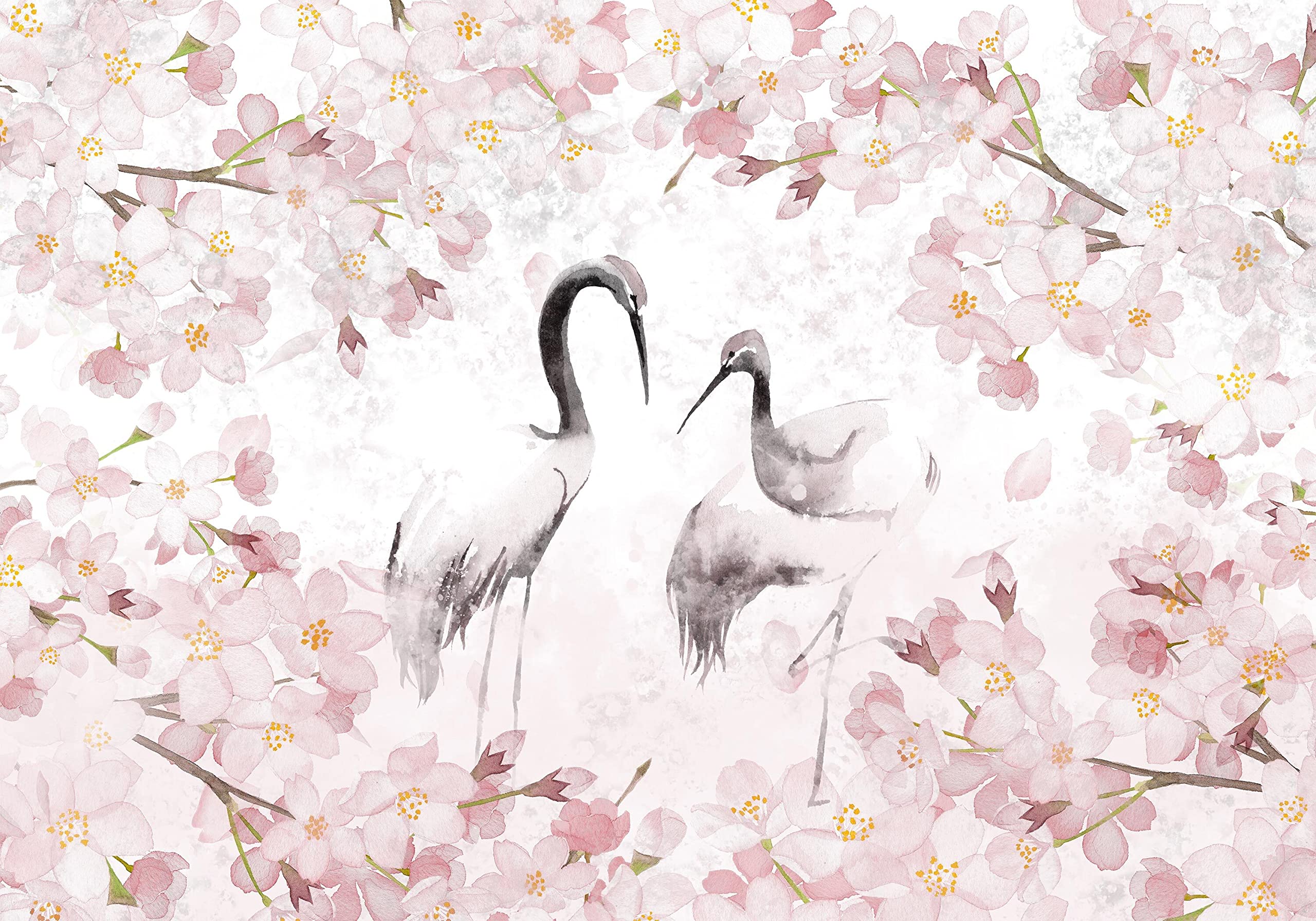 decomonkey Premium Fototapete Vögel, 350x256 cm, Blumen Pflanzen Rosa | Vlies, Schlafzimmer, Wohnzimmer, Tapete, Fototapeten, Tapeten, Vliestapete, Wandtapete, moderne, Wand, Wandbild