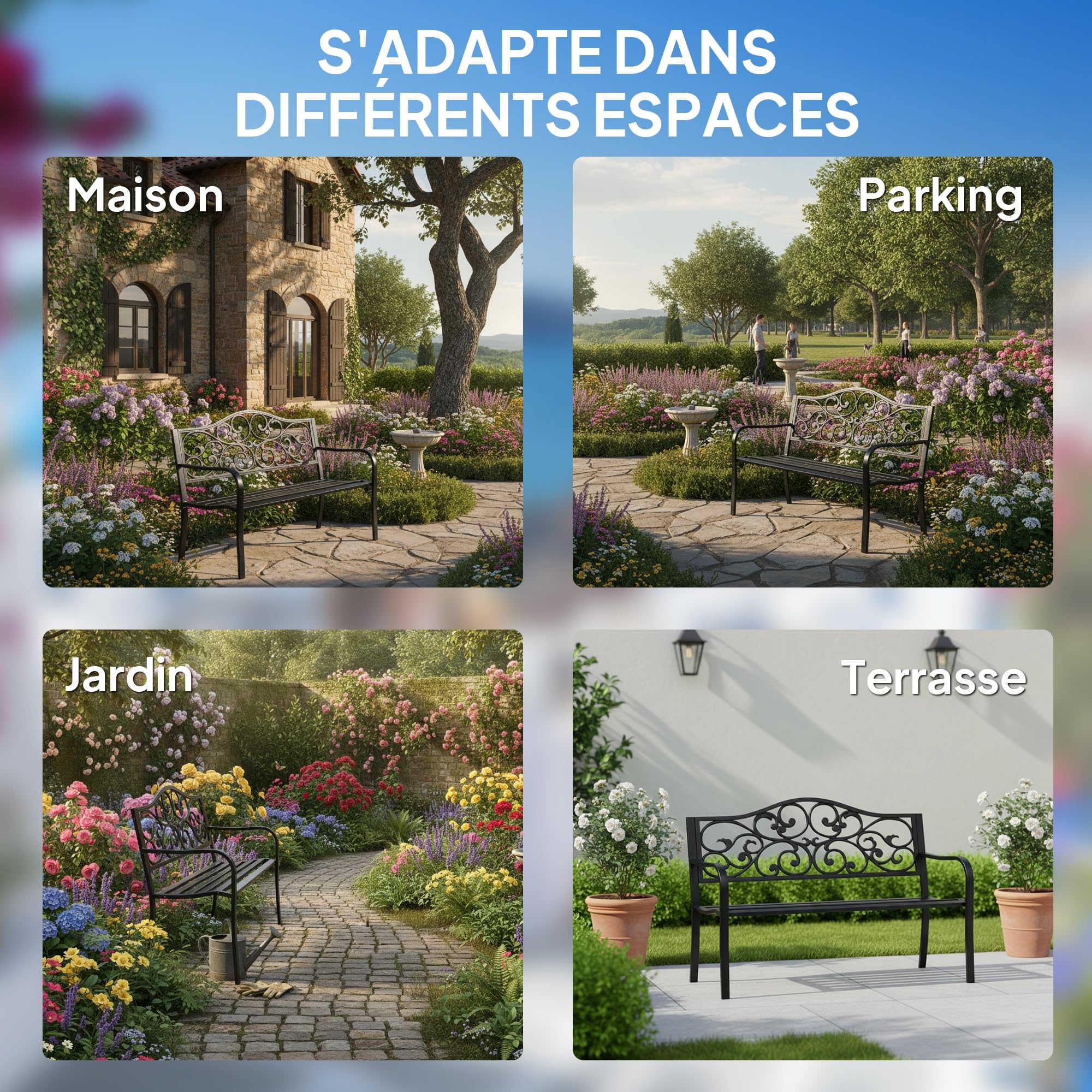 Outsunny Banc de Jardin 3 Places terrasse Style Cosy Chic 127L x 60l x 85H cm métal époxy anticorrosion Noir