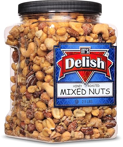 It's Delish, recipiente jumbo reutilizable de 2.5 libras de frutos secos mixtos tostados con miel, nueces mezcladas gourmet con revestimiento de