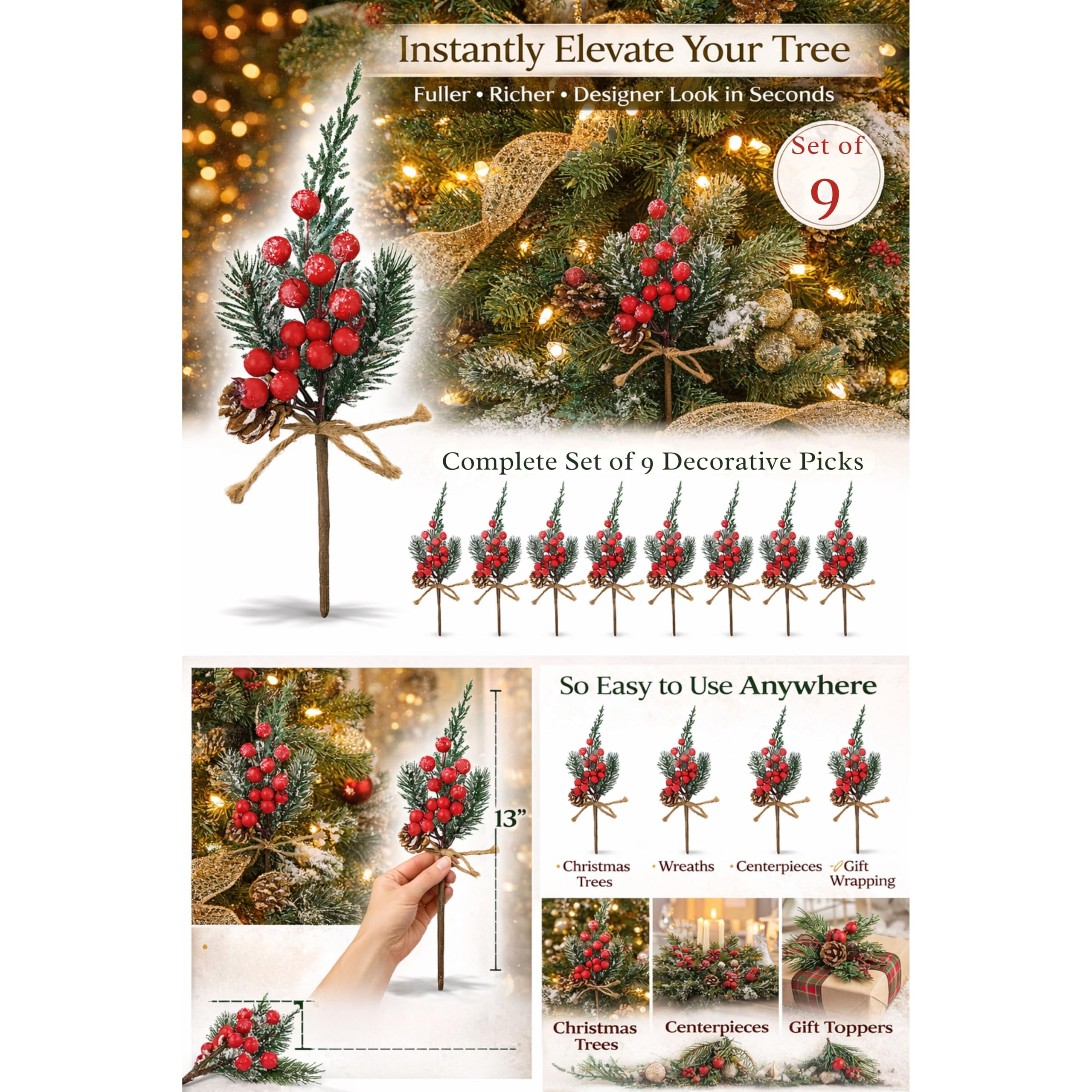 BANBERRY DESIGNS Juego de 9 púas de piñas y bayas nevadas, con forma de piñas y bayas rojas y piñas, para decoración navideña, tallos flexibles, bricolaje para manualidades navideñas y decoración