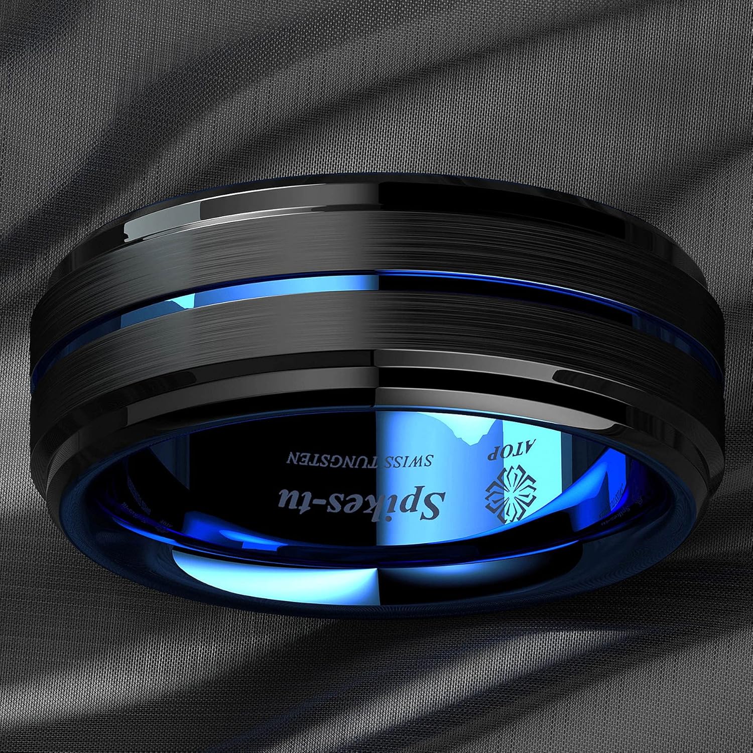 ATOP 8Mm Black Tungsten Carbide Ring for Men Wedding Band Blue line Groove Brushed Comfort Fit Male Bridal Engagement Ring