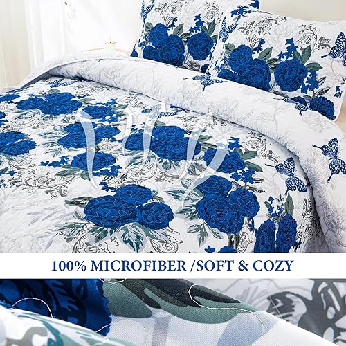 Miniatura 4 de Yiran Juego de edredón floral tamaño King, elegante colcha de 3 piezas con rosa azul, juego de colcha de microfibra ligera con 2 fundas de almohada