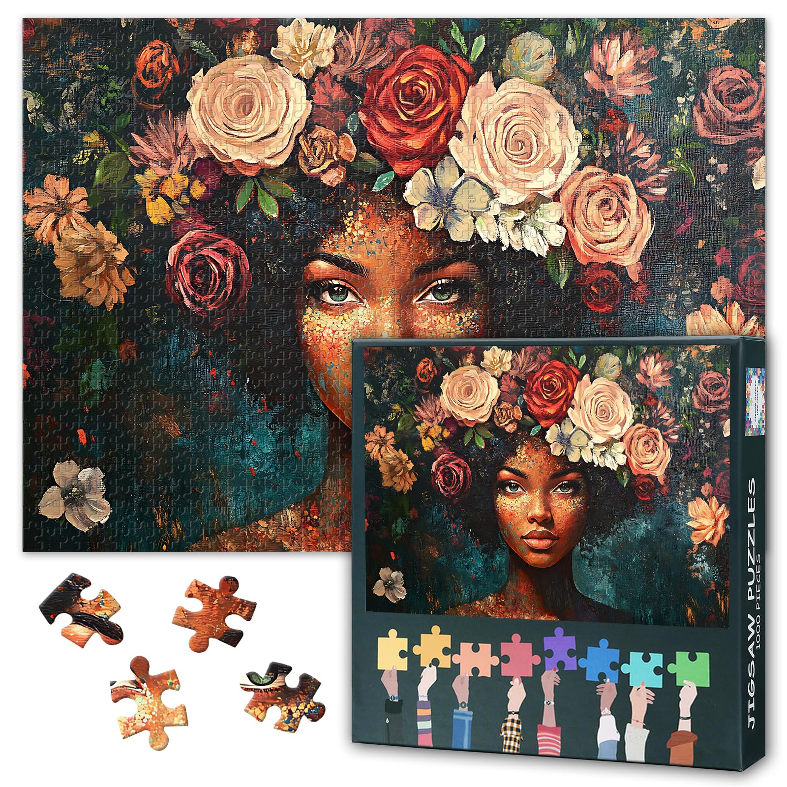 Puzzles for Adults 1000 Pieces, Flower Black Girl - Charming Portrait of an African Women Jigsaw Puzzle for Family Decoration, Gifts, Party Game, Finished Size 20x27 inches