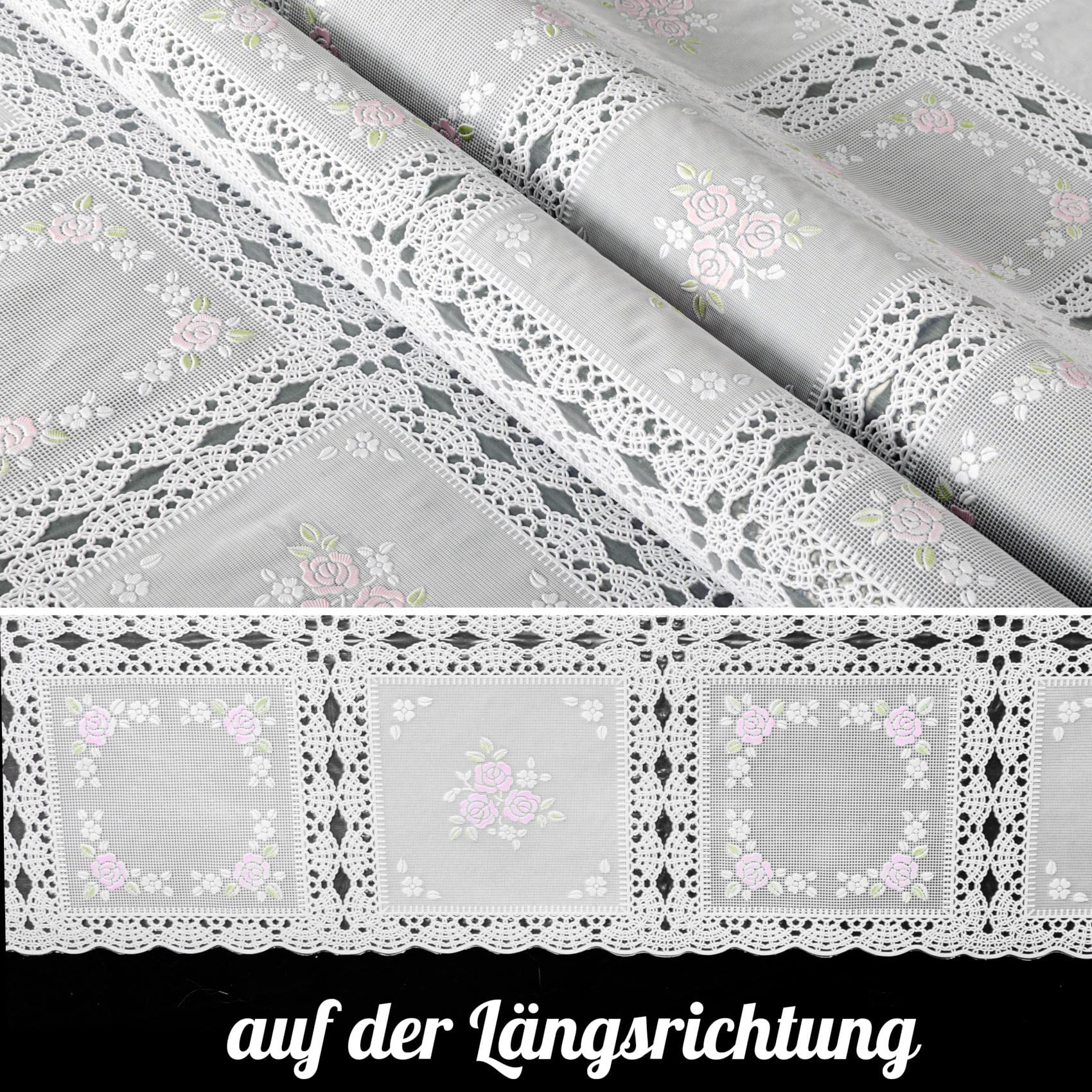 ANRO Tischdecke Lace Vinyl Wachstuch Häkel Spitze Optik Wasserfest Blumen Karo Rosa/Weiß Wachstuchtischdecke Wachstischdecke abwaschbar wasserabweisend Gartentischdecke Meterware 400x138cm