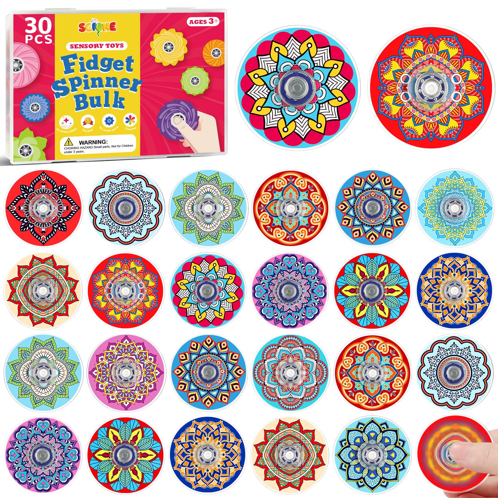 SCIONE 30 Pack Mini Fidget Spinners Party Bag Fillers for Kids, 15 Unique Mandala Exotic Patterns Acrylic Hand Spinners, Bulk Sensory Toys for Classroom Rewards, Pinata Fillers, 1.5"