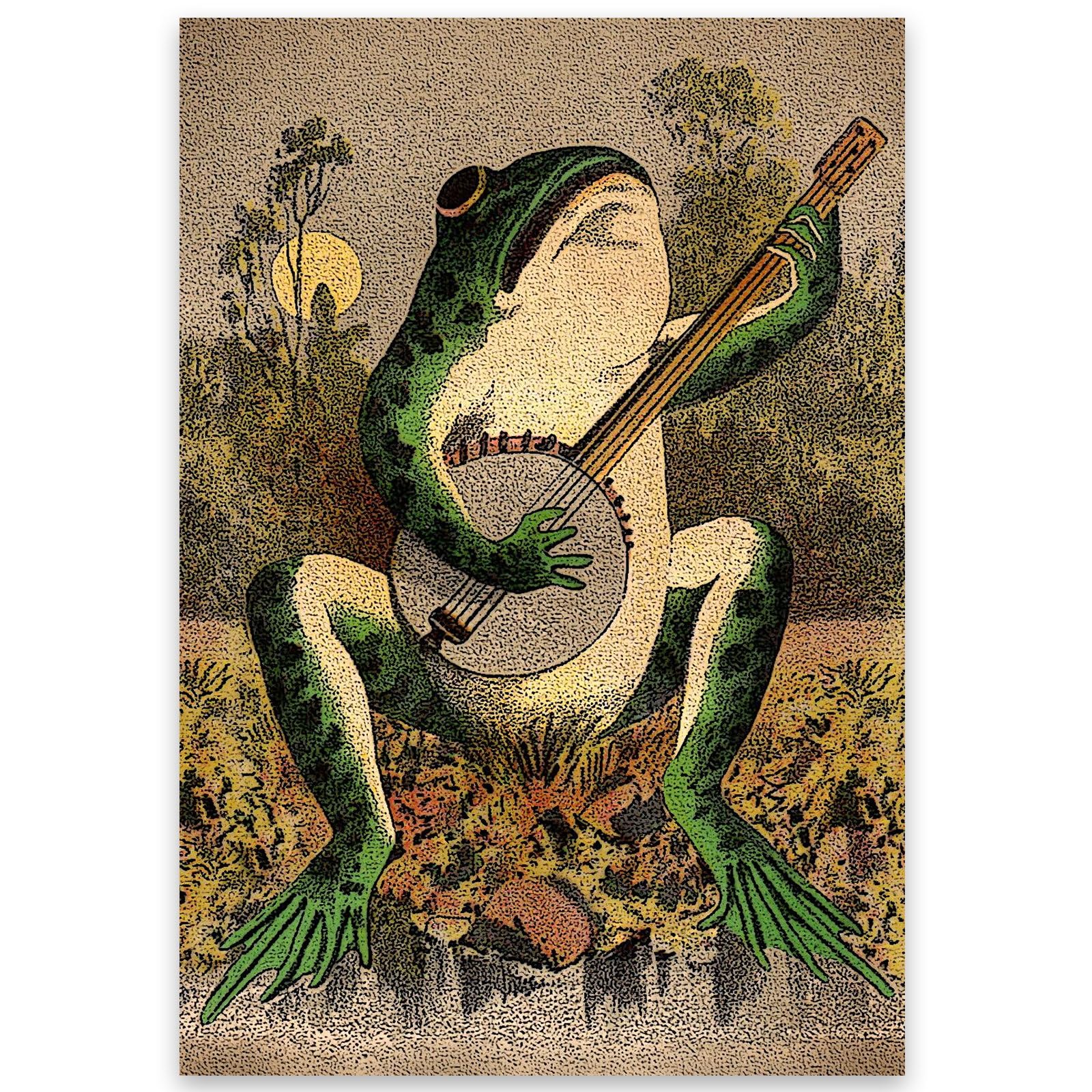Retro Frog Poster Funny Banjo Canvas Wall Art Posters 12x18in Unframed Vintage Frog Picture Prints Wall Decor