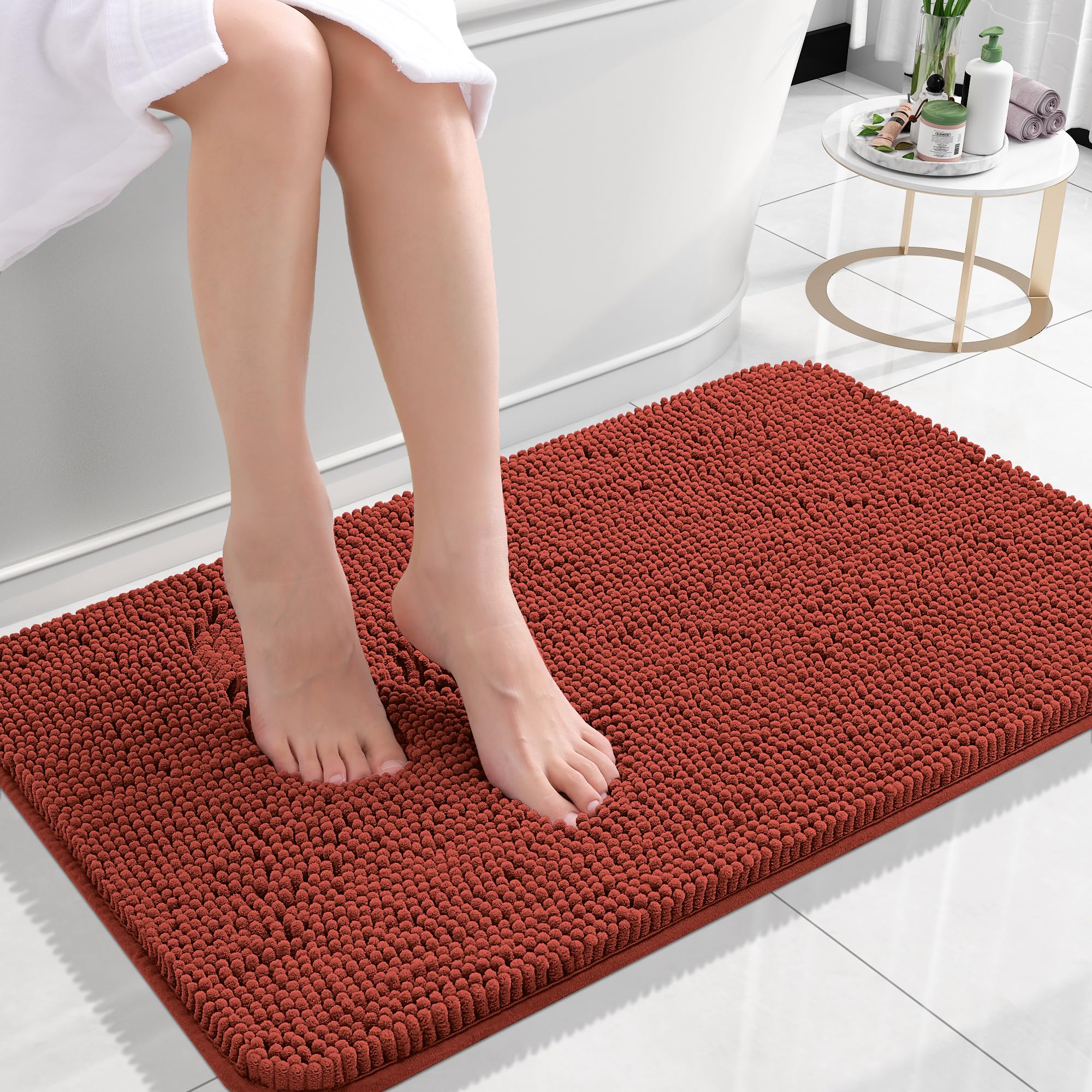 OLANLY Small Bathroom Rugs 24x16, Soft Absorbent Chenille Bath Rugs, Rubber Backing Quick Dry, Machine Washable Bath Mats for Bathroom Floor, Tub and Shower, Home Decor Accessories, Rustic Terracotta | Rustic Terracotta, Quick-Drying Rubber Backing, Washable Bath Mat for Bathroom Floor, Tub and Shower, Home Decor Accessories