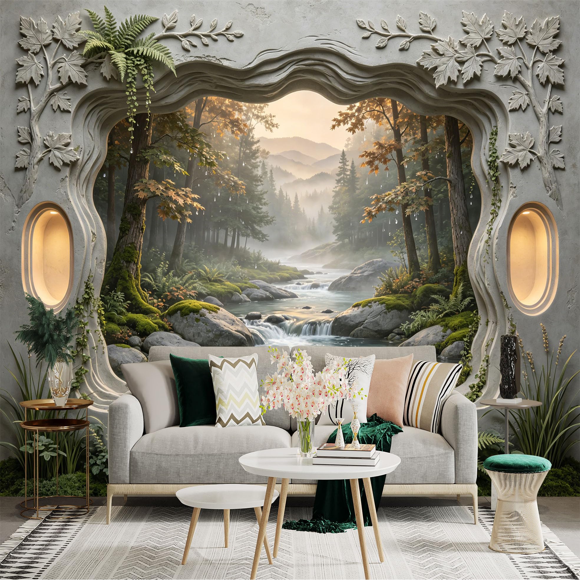 Custom Size Wall Sticker Mural， Forest Waterfall with Misty Mountains and River Landscape， for wall Decoration， peelandstick wall Decals.