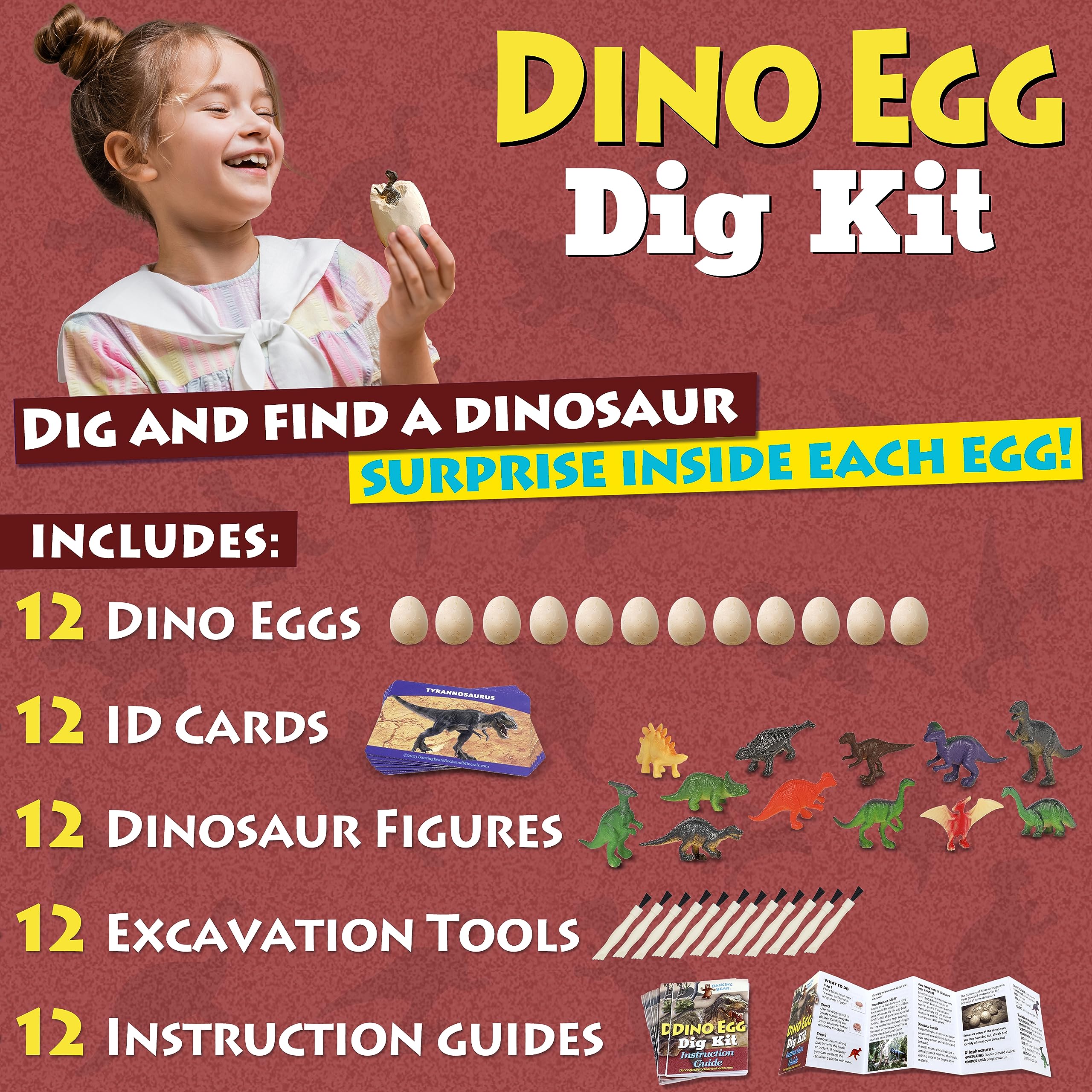 DANCING BEAR Dinosaur Egg Dig Kit Party Pack for 12 Kids, Excavate 12 Surprise Dinosaurs, Instruction Guides & ID Cards, Paleontology STEM Education, Fun Science Activity Gift Sets for Girls and Boys