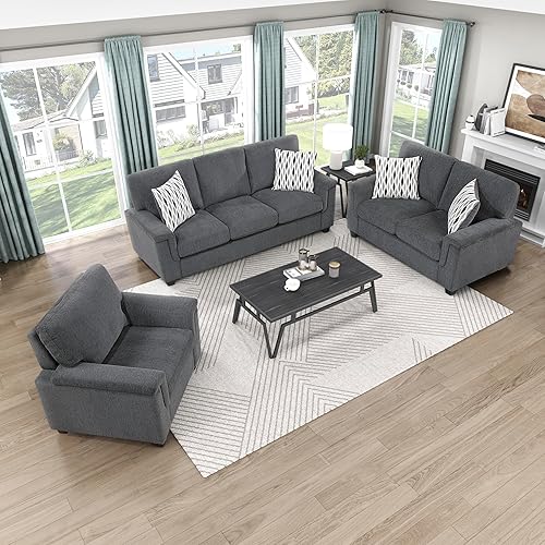 Lexicon Juego de muebles de sala de estar de 3 piezas, juego de sofá tapizado de tela de chenilla, almohadas, brazos de oruga, fundas extraíbles,